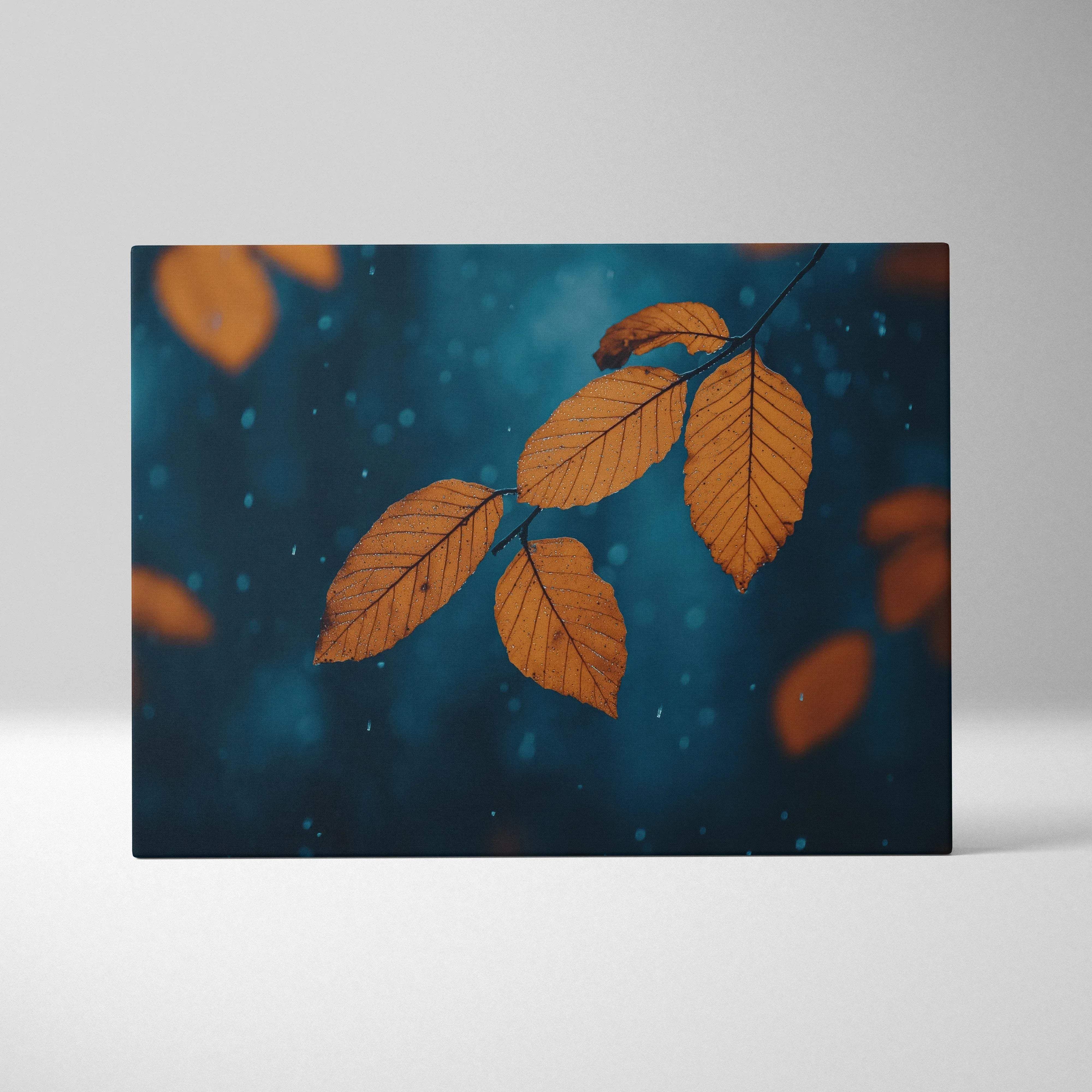 A rectangular canvas wall art featuring a branch with vibrant orange leaves on a deep teal bokeh background
