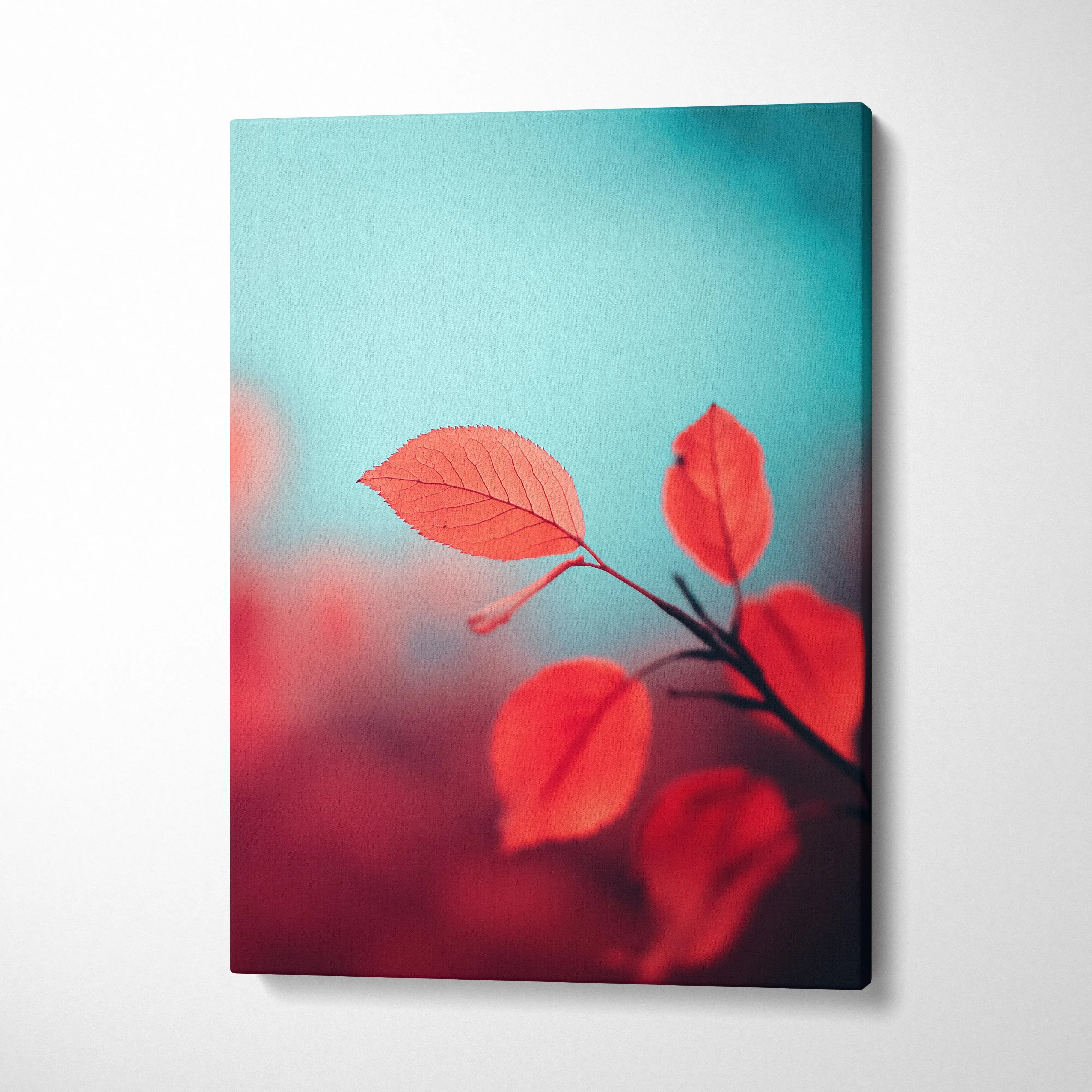 Minimalist autumn nature canvas wall art with vibrant red leaves and soft blue background.