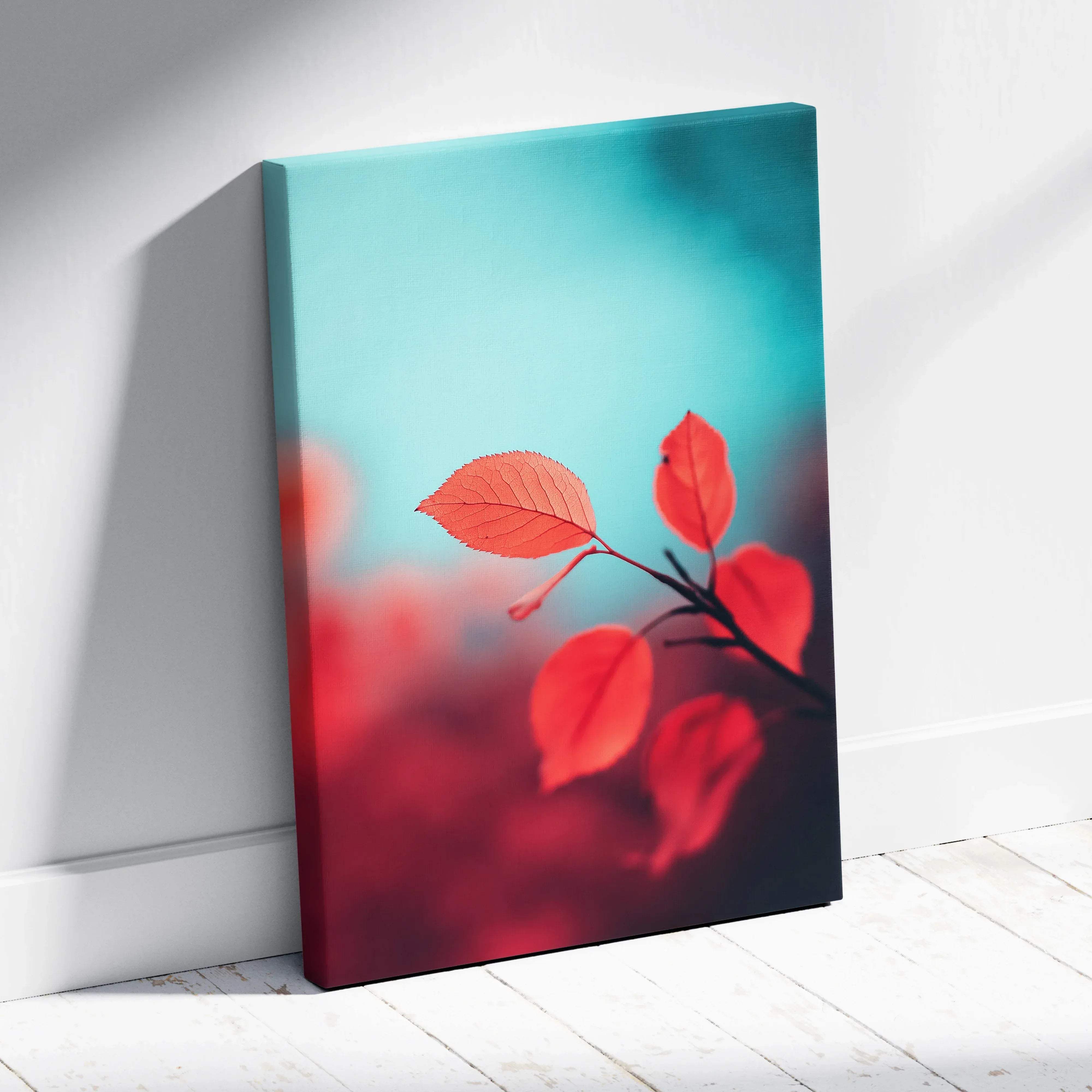 A vibrant minimalist autumn leaves canvas print with red leaves on a teal and deep red gradient background for living rooms