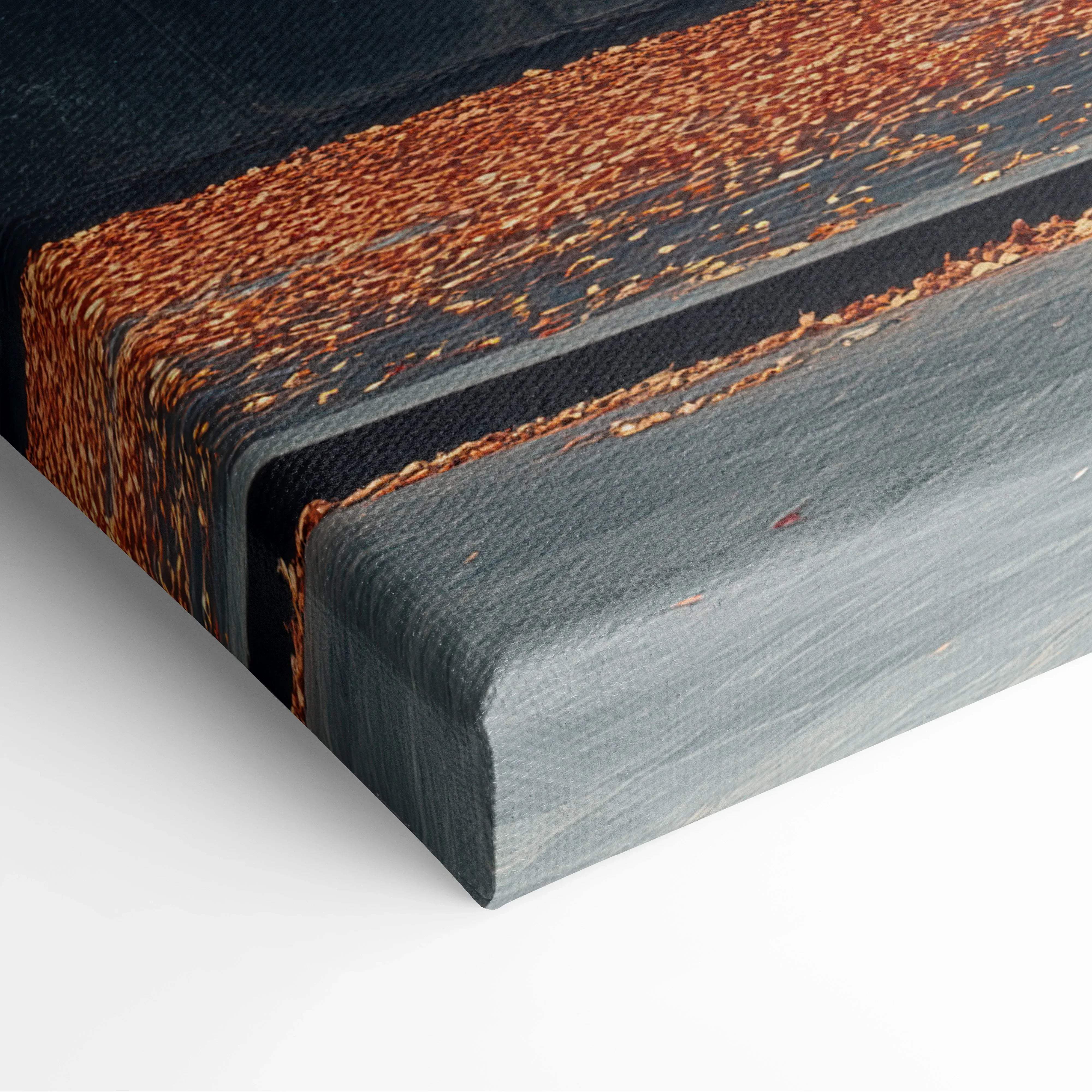 Canvas print featuring a minimalist autumn tree with red foliage on rust-orange and dark gray textured background