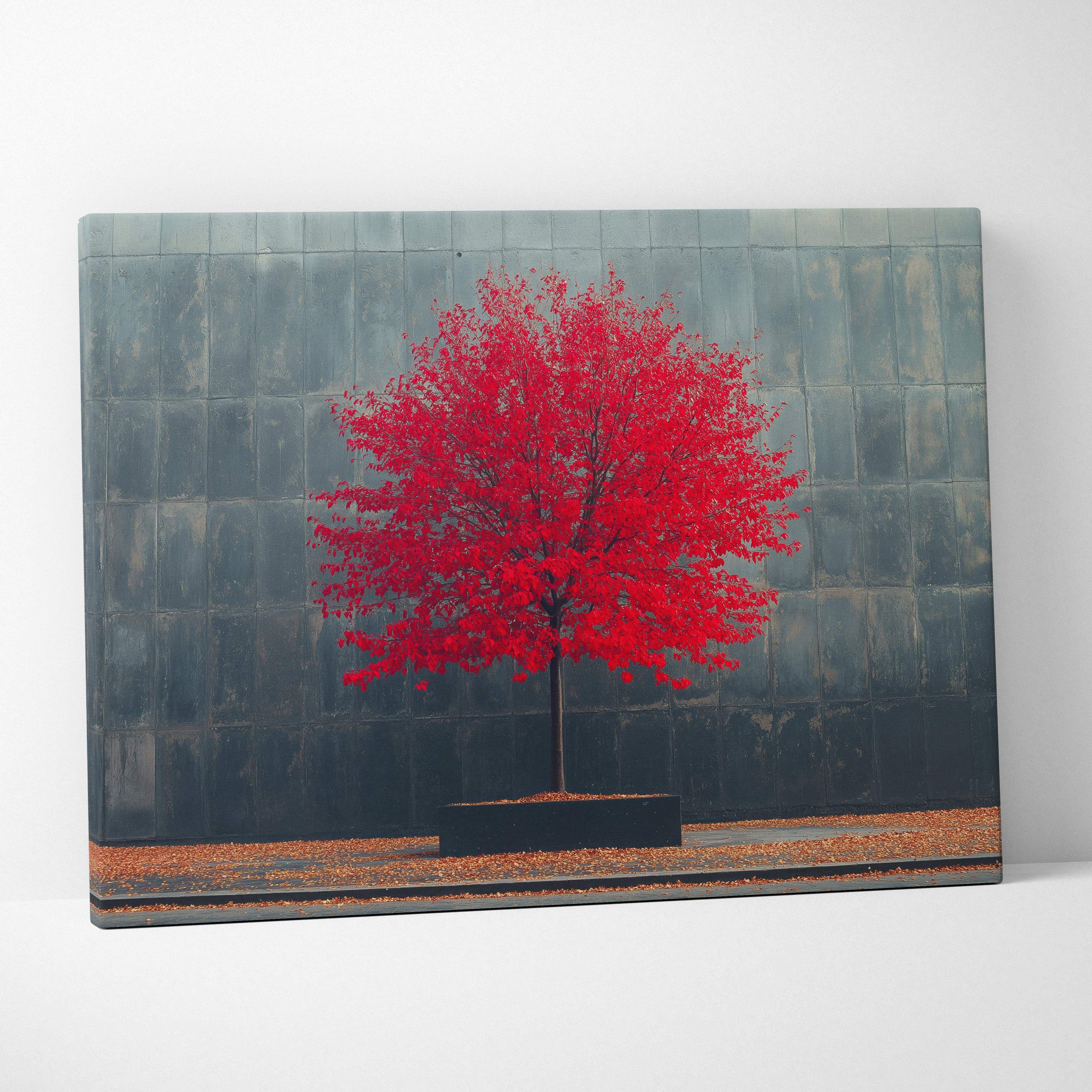 Minimalist autumn tree canvas wall art featuring vibrant red maple foliage against a textured gray tiled wall