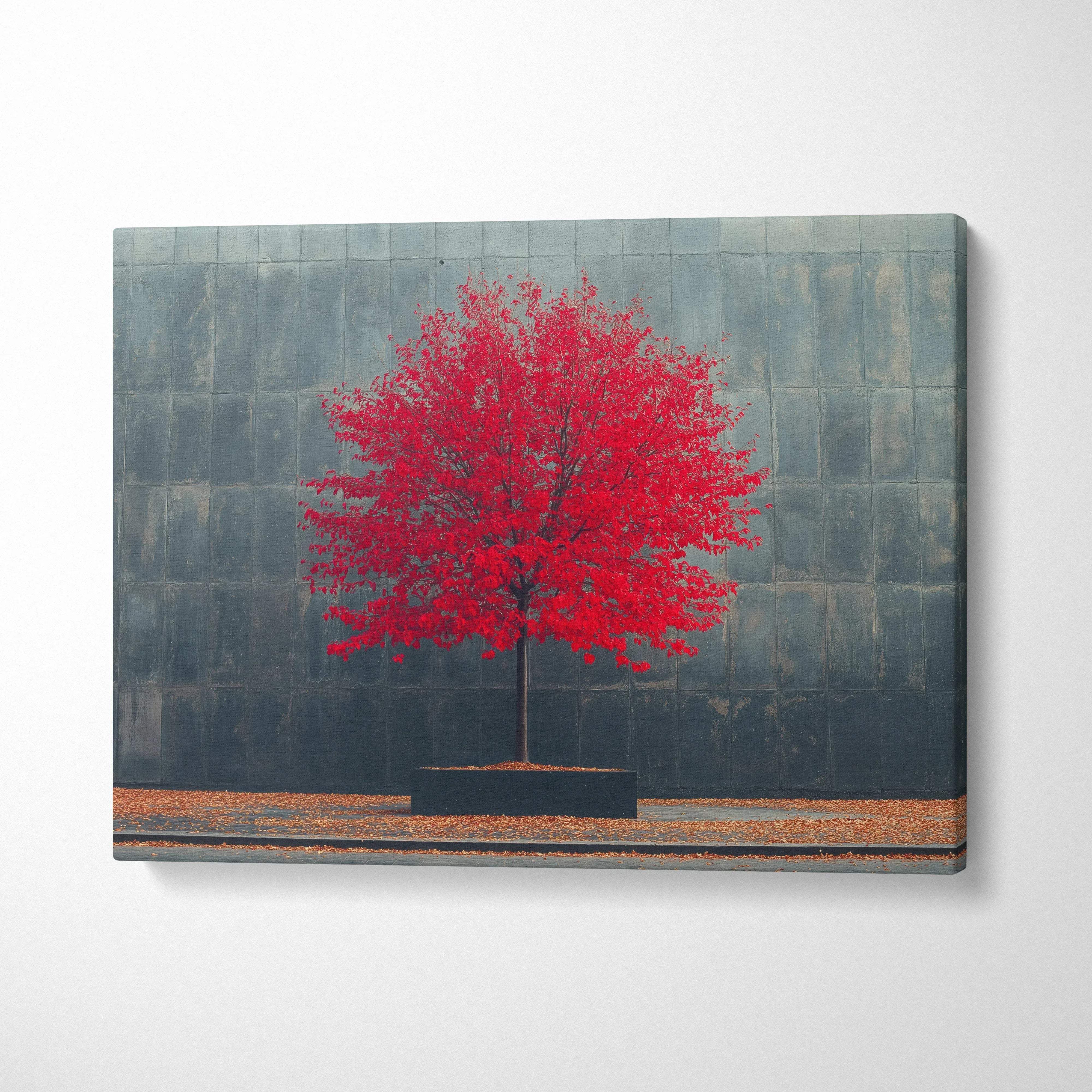Minimalist canvas art with vibrant red tree and fallen leaves against dark textured wall wall art.