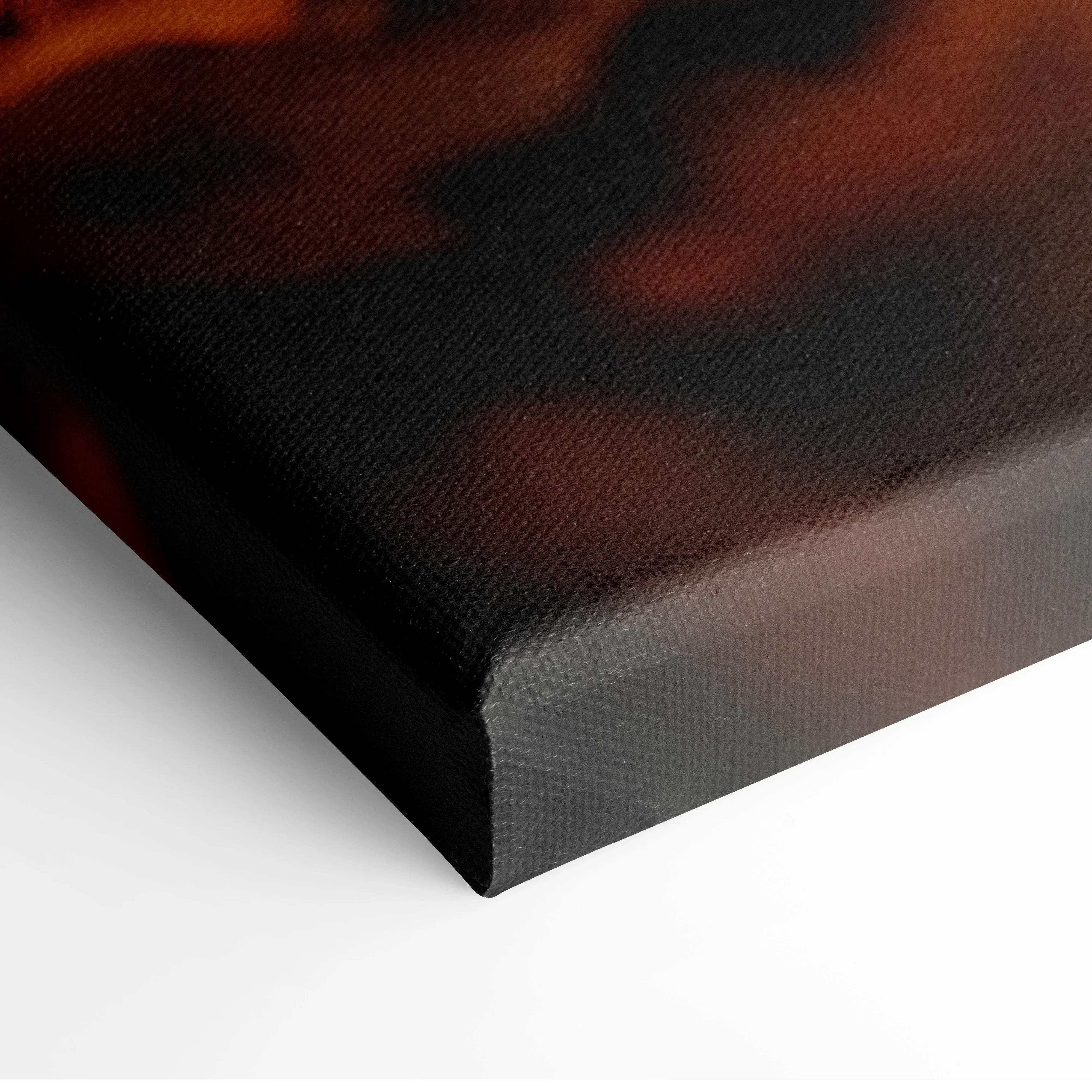 Black canvas print with textured surface showcasing minimalist autumn leaves in warm sepia tones and smoky orange-brown design