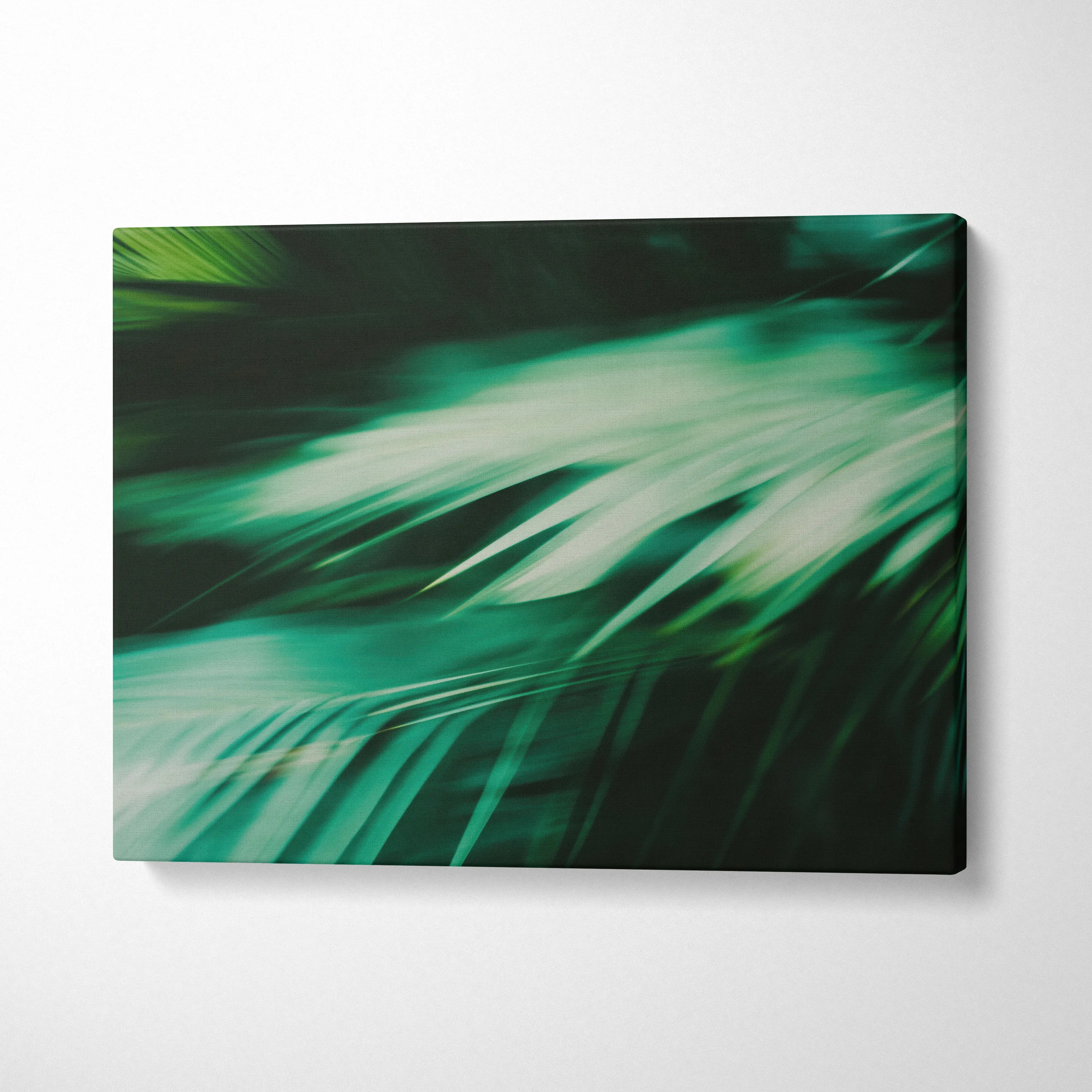 Abstract tropical green leaves digital art on horizontal canvas wall decor.