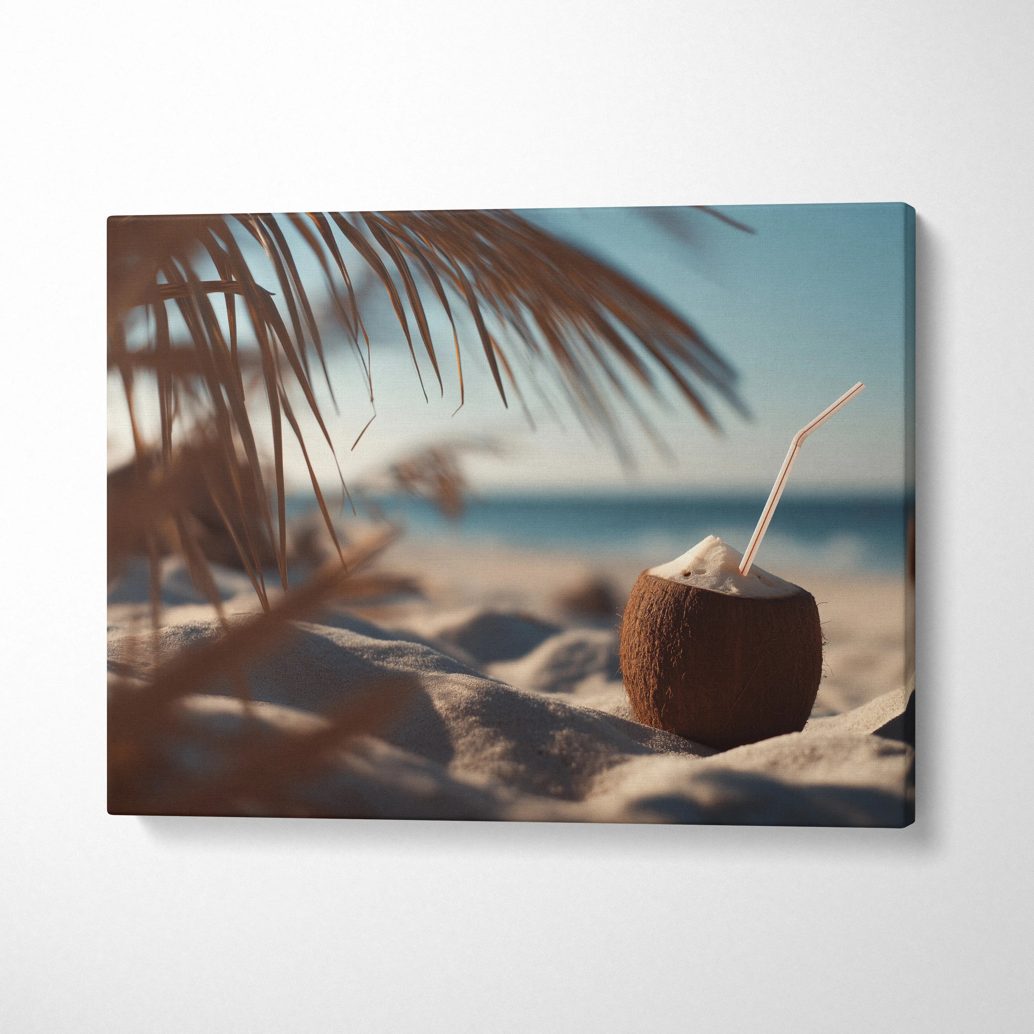Canvas wall art featuring a tropical coconut drink on sandy beach with palm leaves decor.