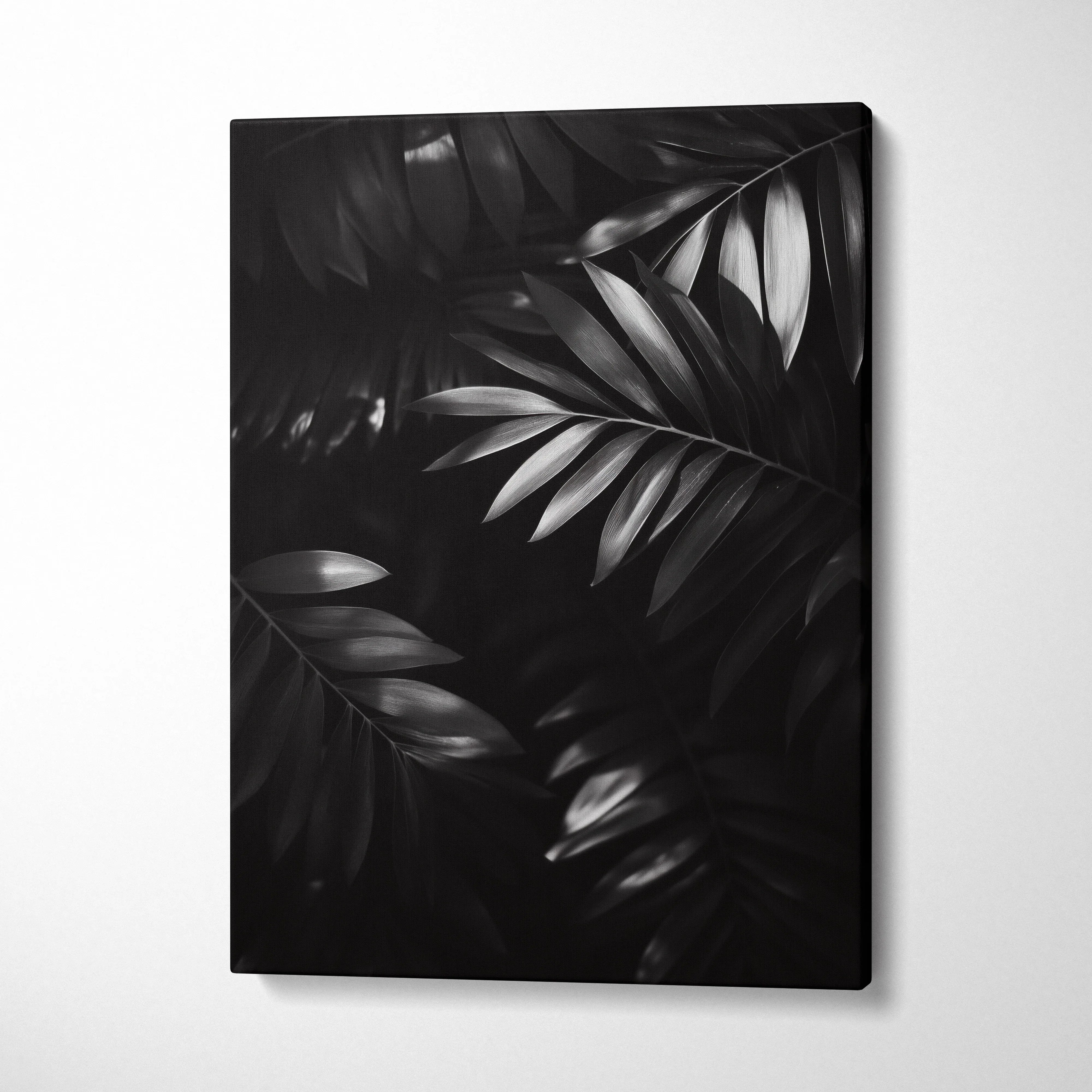Monochrome tropical leaves digital canvas wall art with modern black and gray decor design.