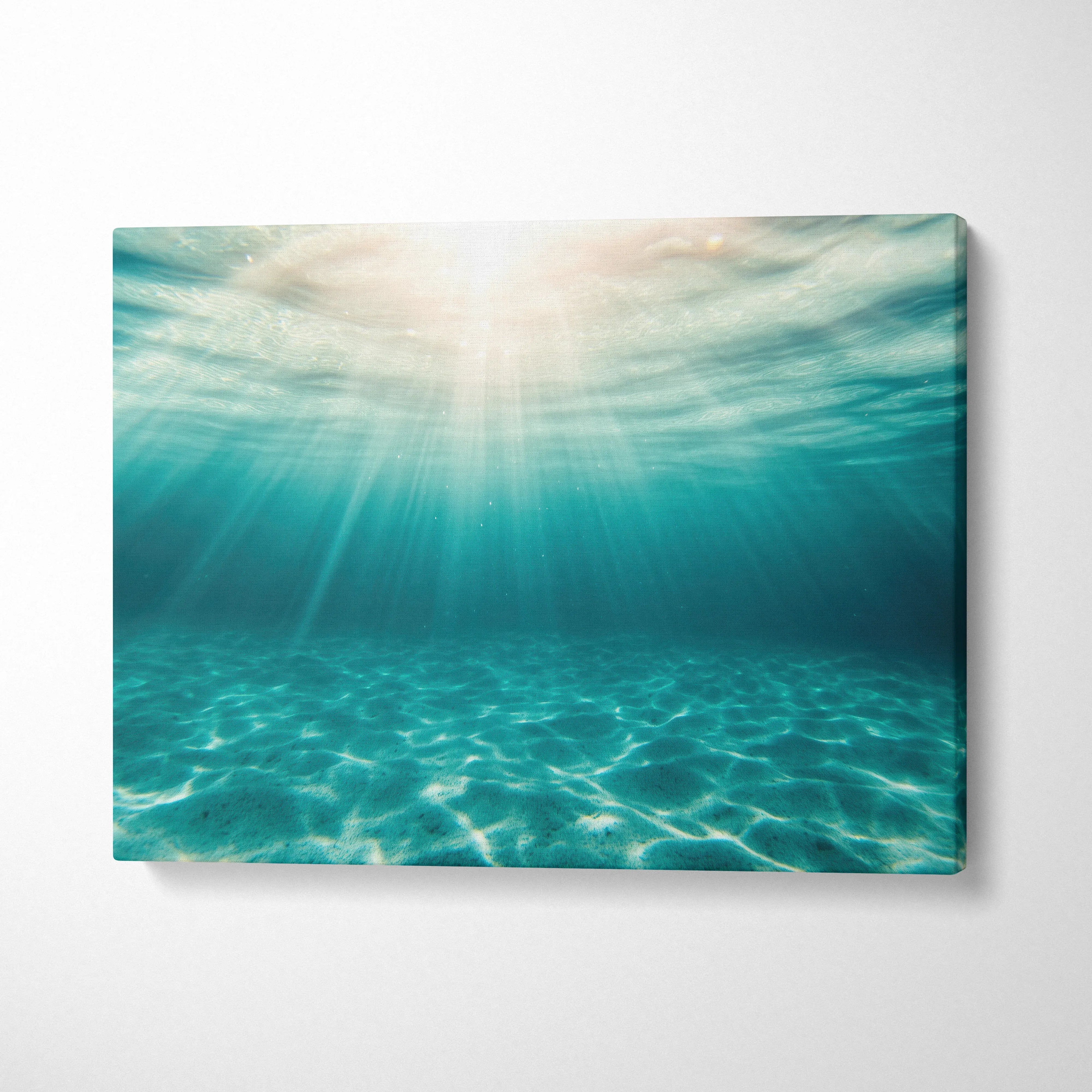 Tropical underwater ocean scene with sun rays on canvas wall art for home decor.