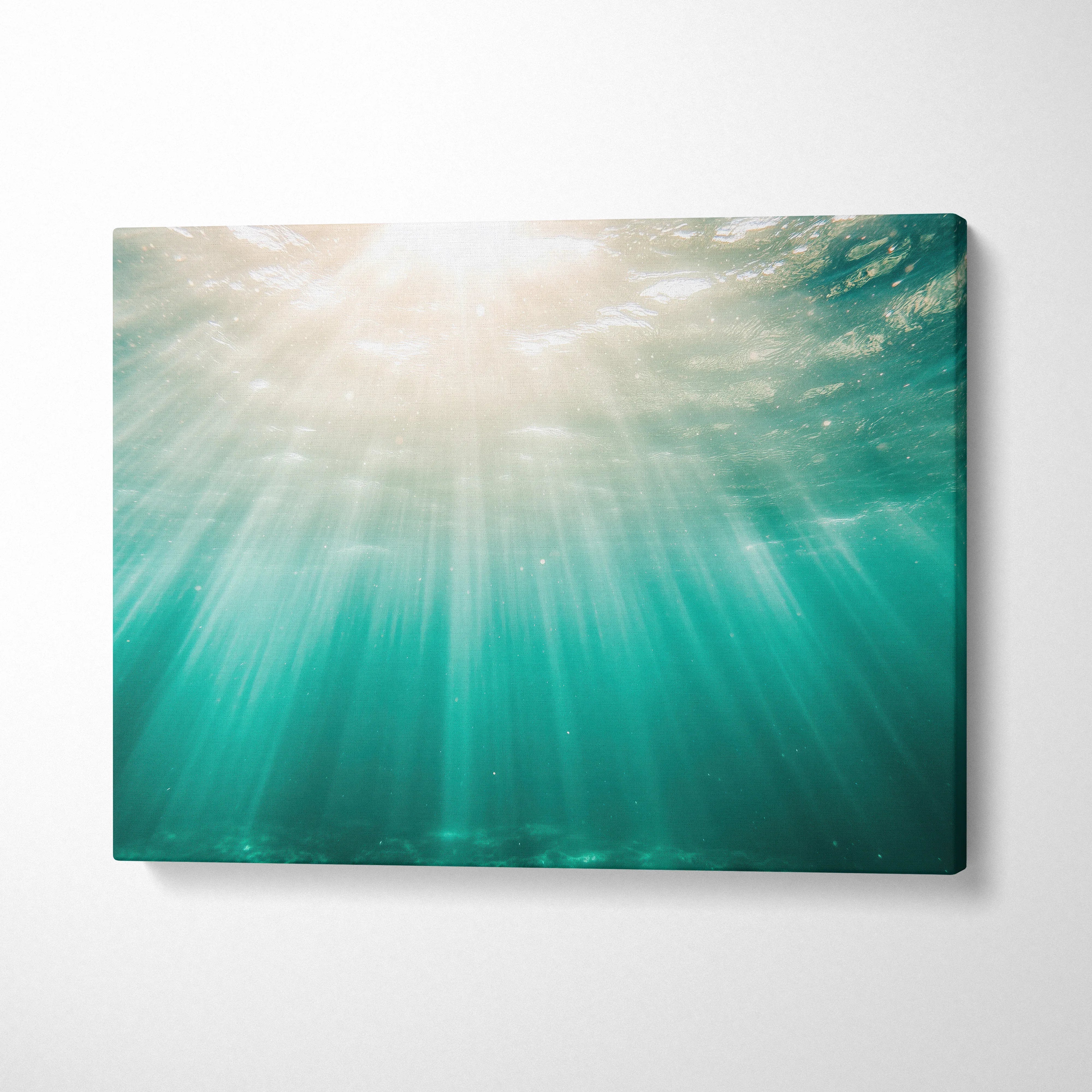Tropical underwater scene with sun rays on blue-green canvas wall art decor.
