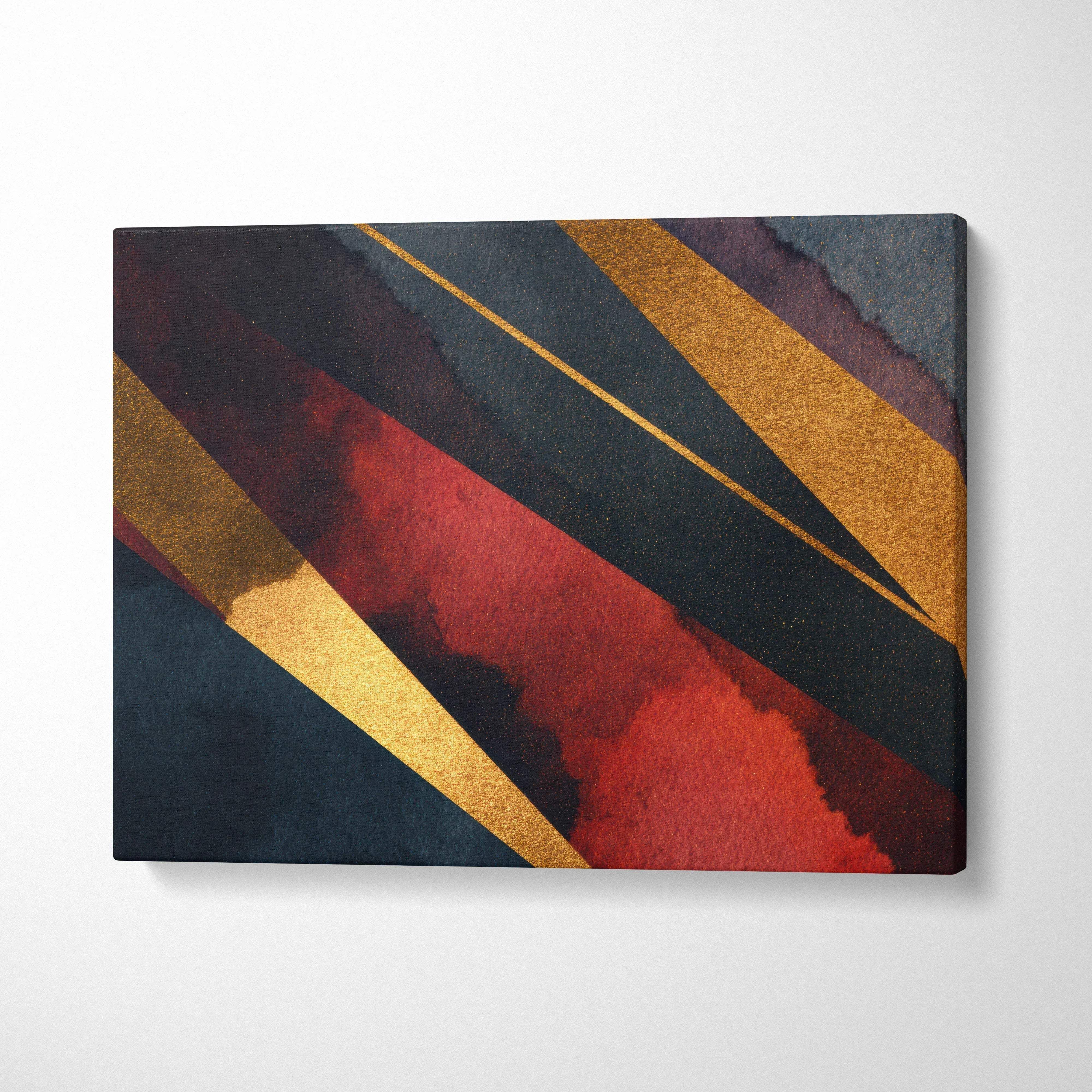 Abstract digital art canvas with bold red, black, and gold geometric shapes, modern wall art decor.