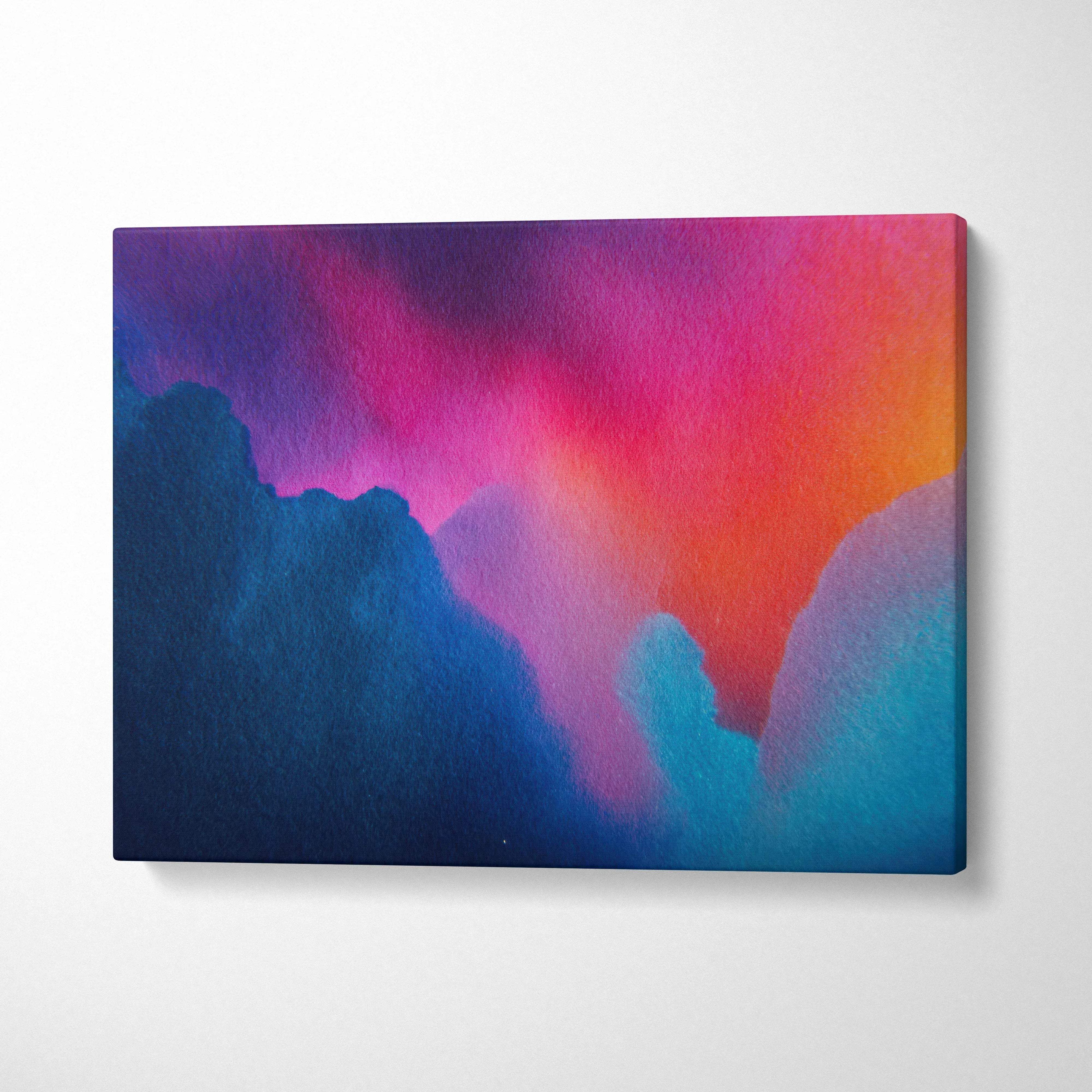 Abstract digital art canvas wall decor with vibrant blue, pink, and orange hues, modern canvas art.