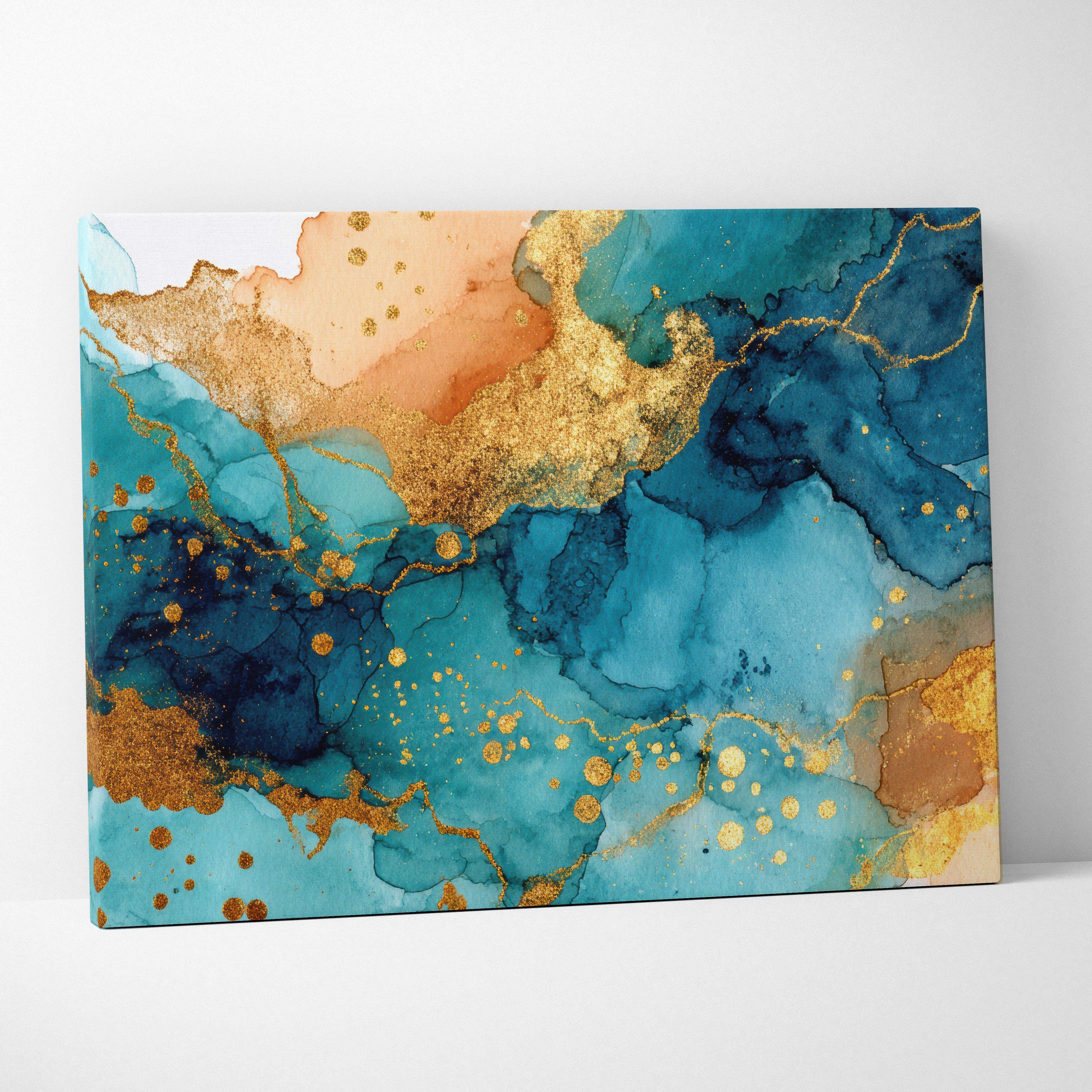 A vibrant abstract fluid art canvas wall art featuring swirling teal navy blue peach hues with shimmering gold foil accents