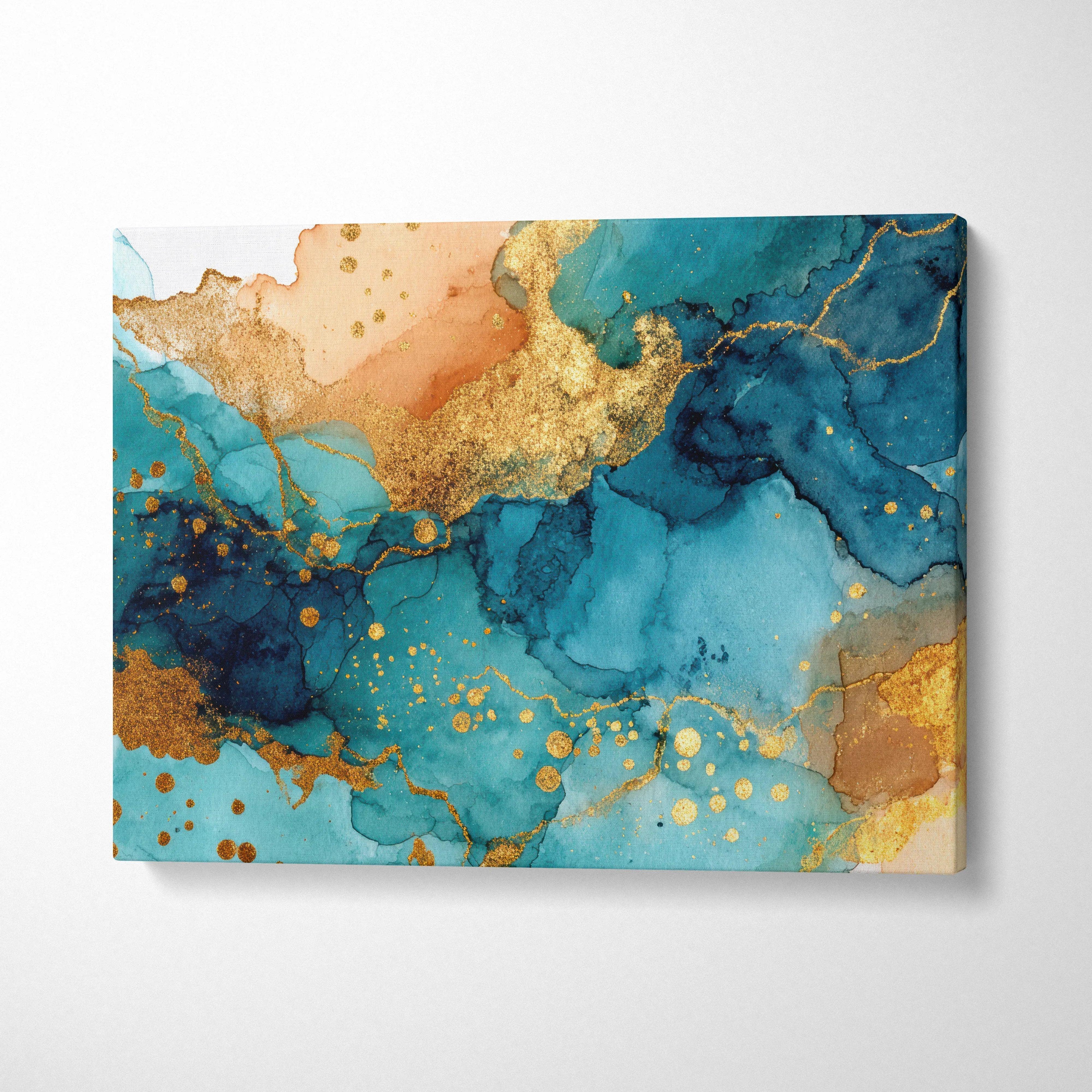 Abstract digital art canvas wall art featuring blue, teal, and gold fluid patterns on canvas.