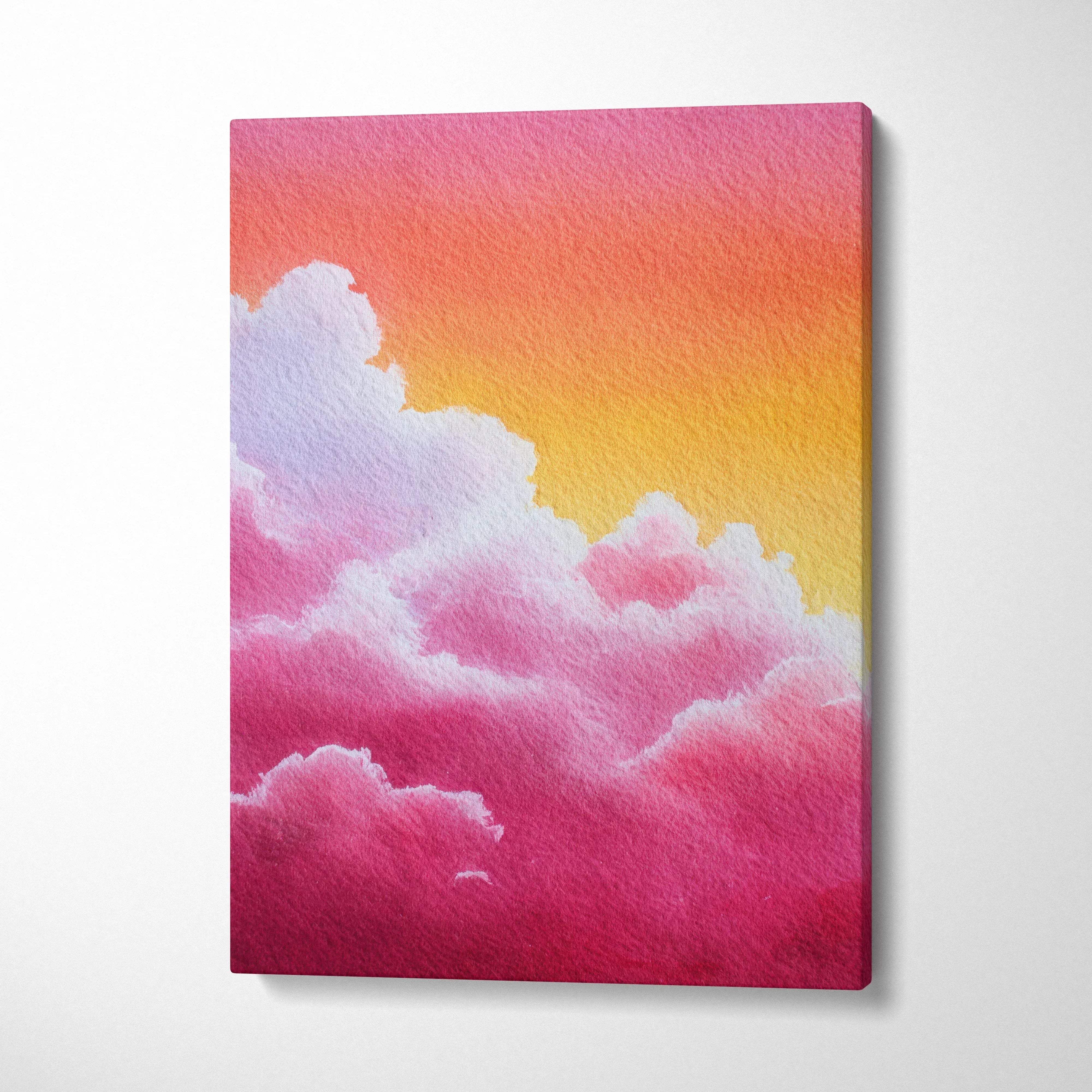 Abstract nature-inspired canvas art with vibrant pink and orange cloud design, vertical wall art print.