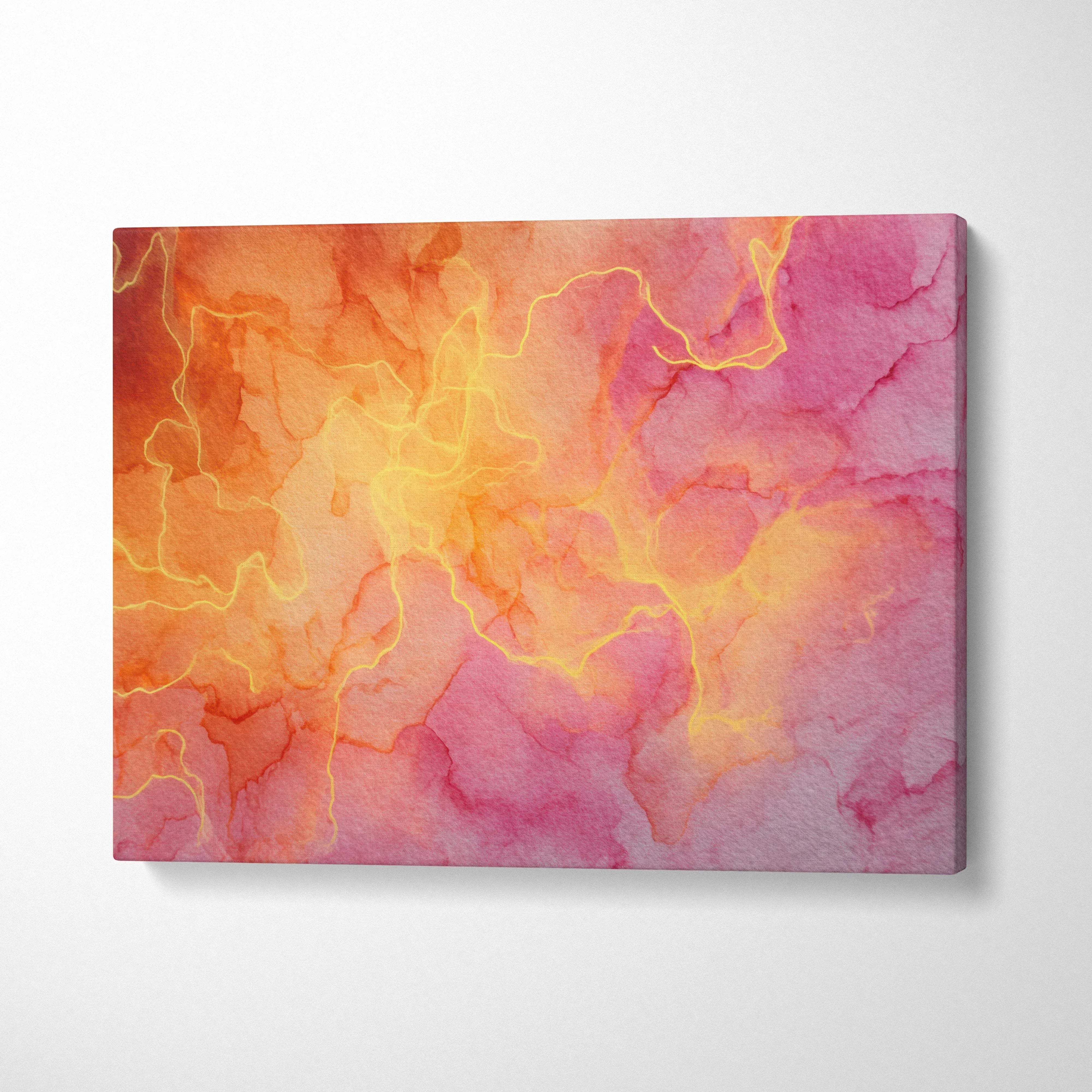 Abstract vibrant orange and pink digital art canvas wall art with fluid, glowing patterns.