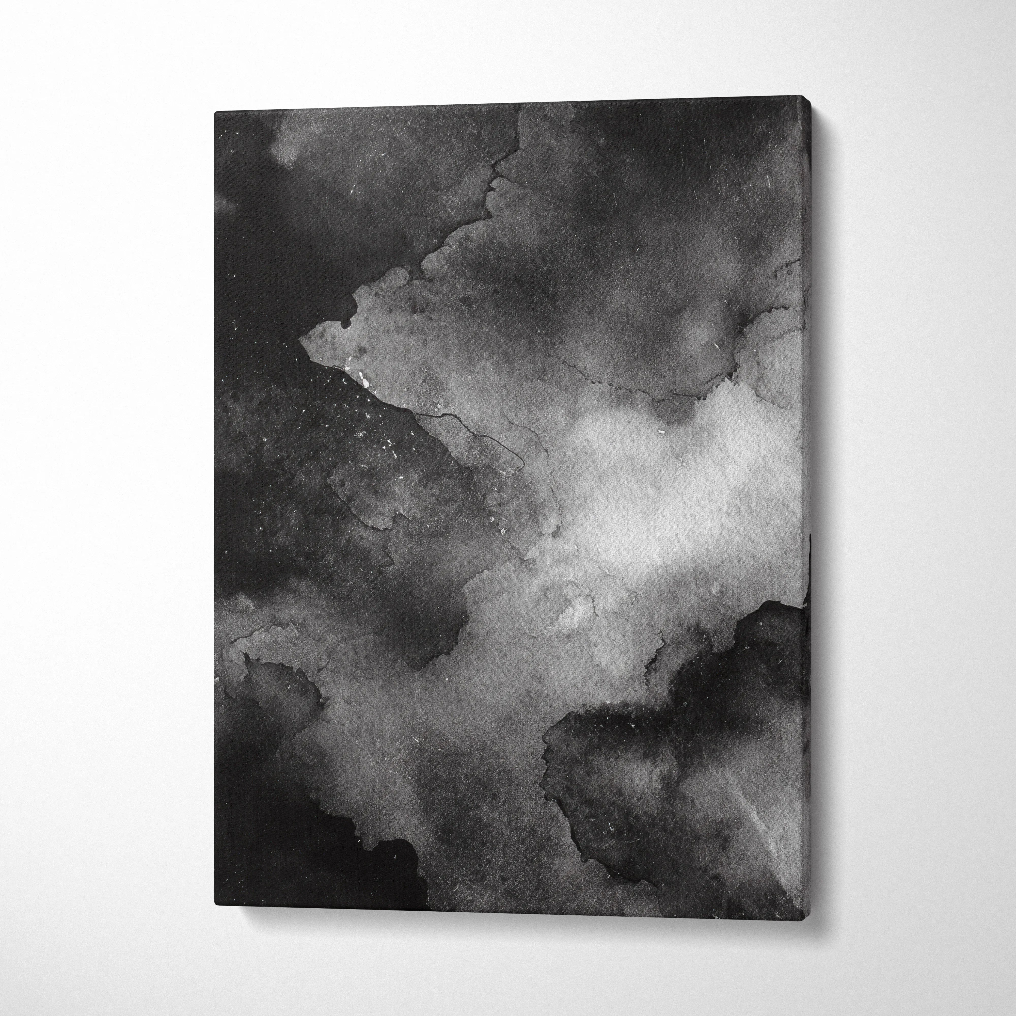 Black and gray abstract digital art canvas print with smoky, nature-inspired textures, vertical wall art.