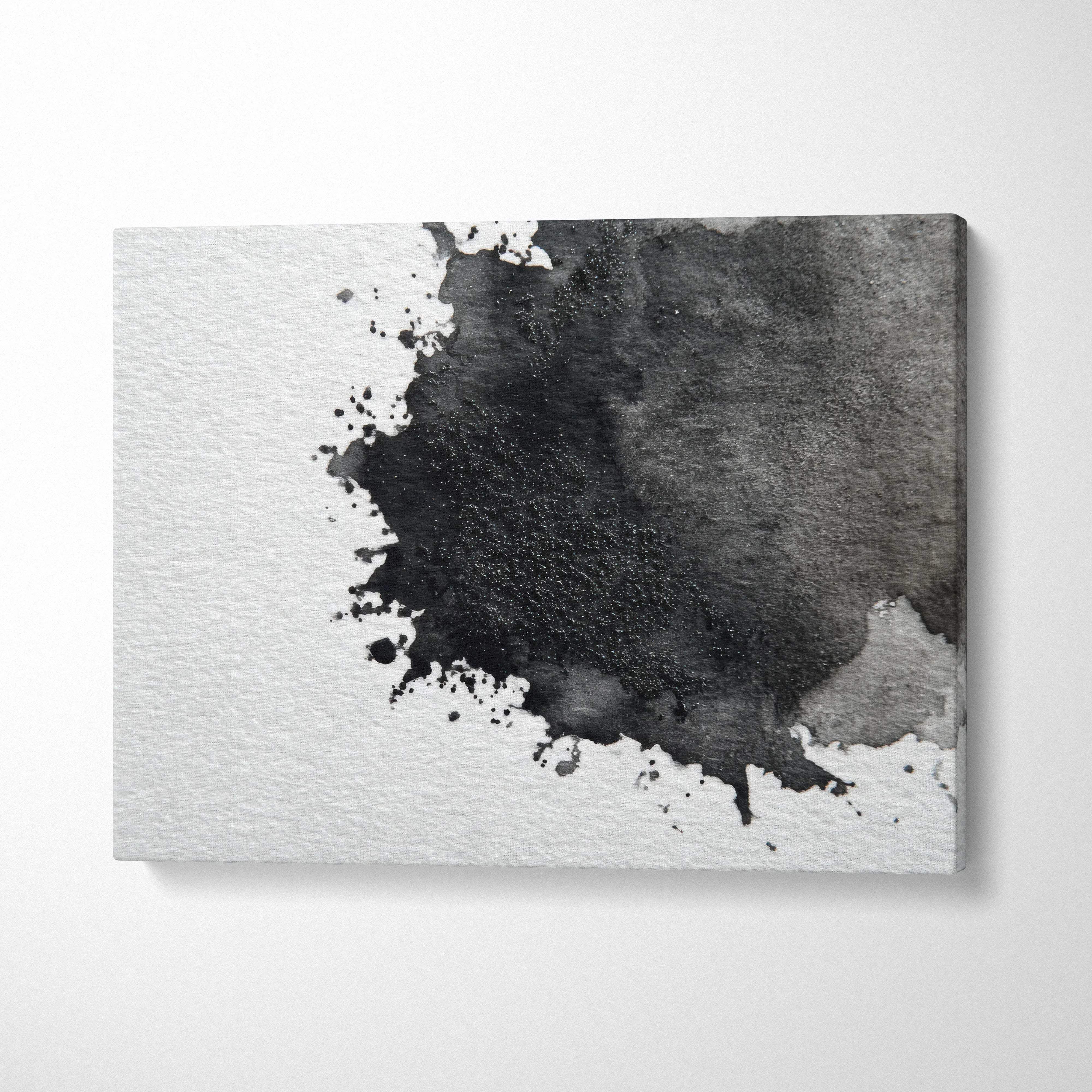 Abstract black ink splash on white textured canvas wall art with modern digital design.