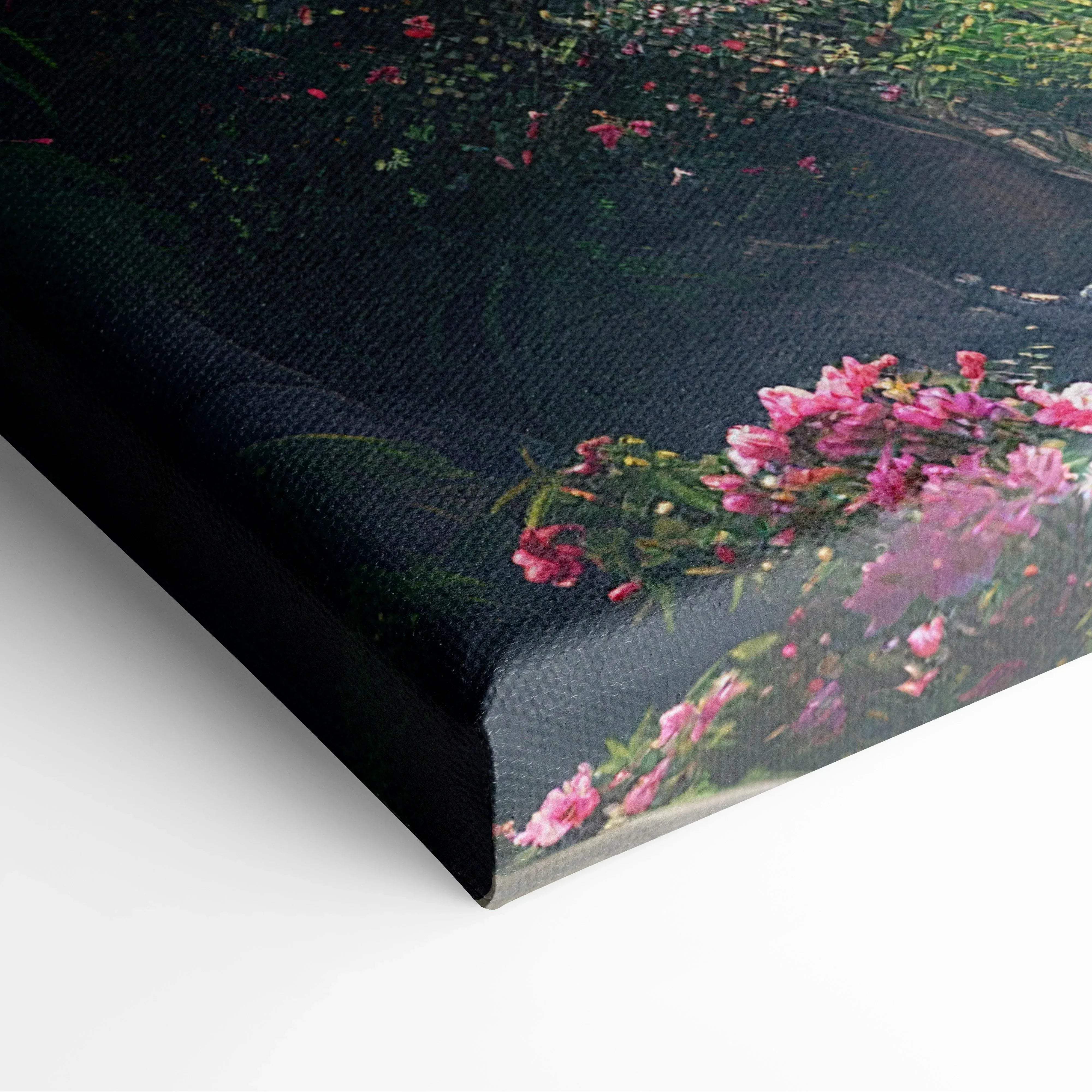 Canvas print featuring vibrant pink blossoms and lush greenery on a dark textured background for wall art