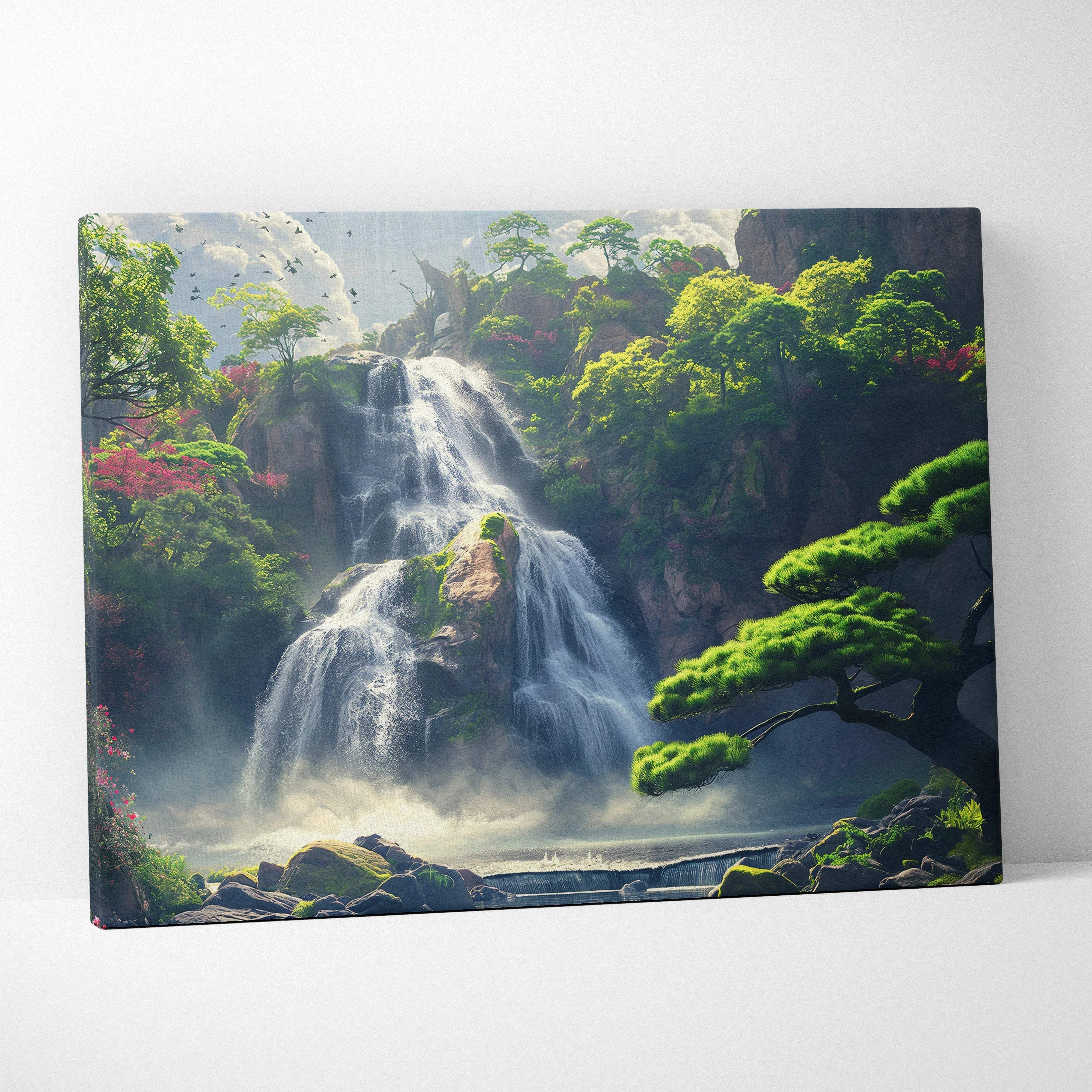 Tranquil waterfall canvas wall art featuring lush green forest foliage and misty ambiance for serene decor