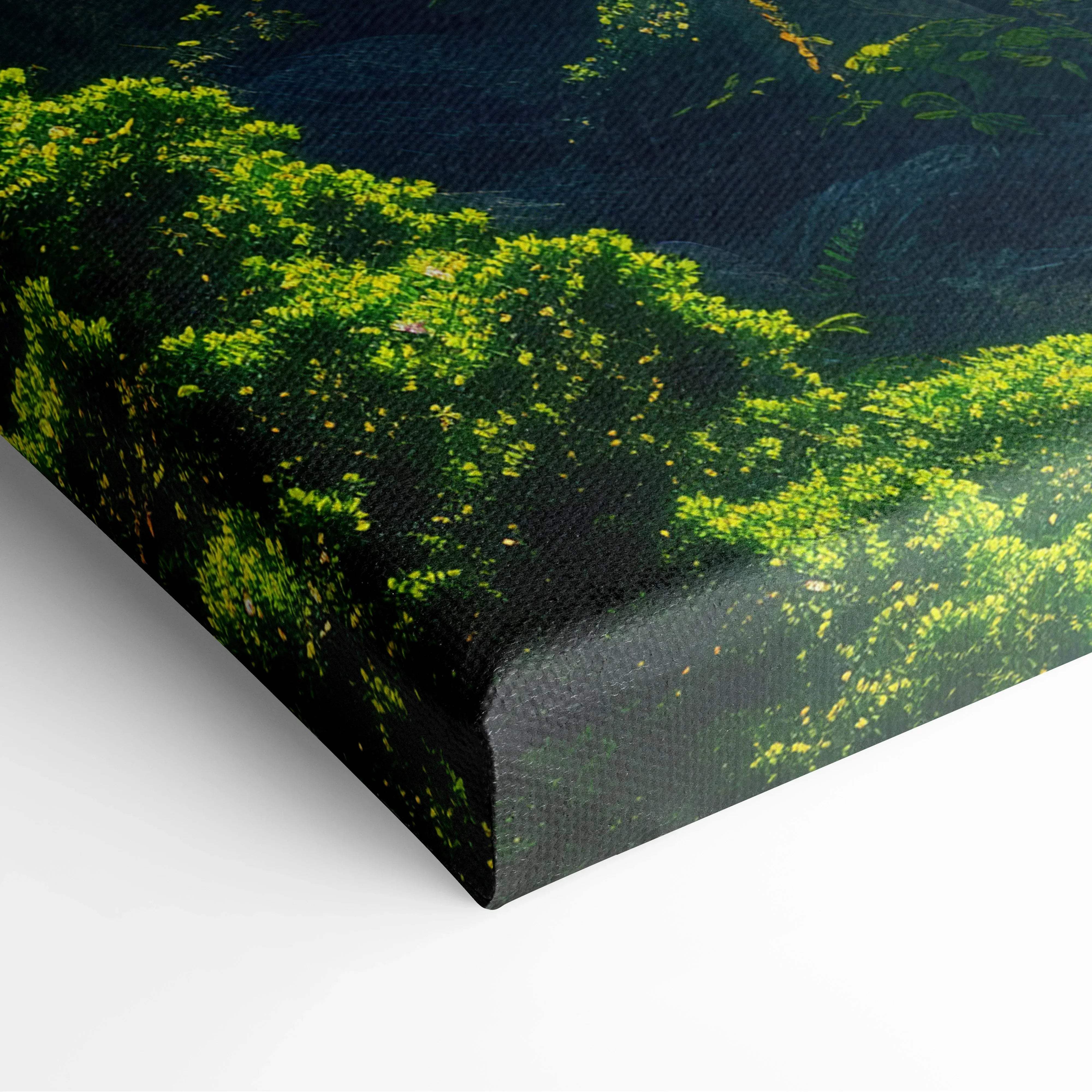 Serene green nature canvas wall art featuring a lush forest with vibrant yellow flowers on a deep blue background