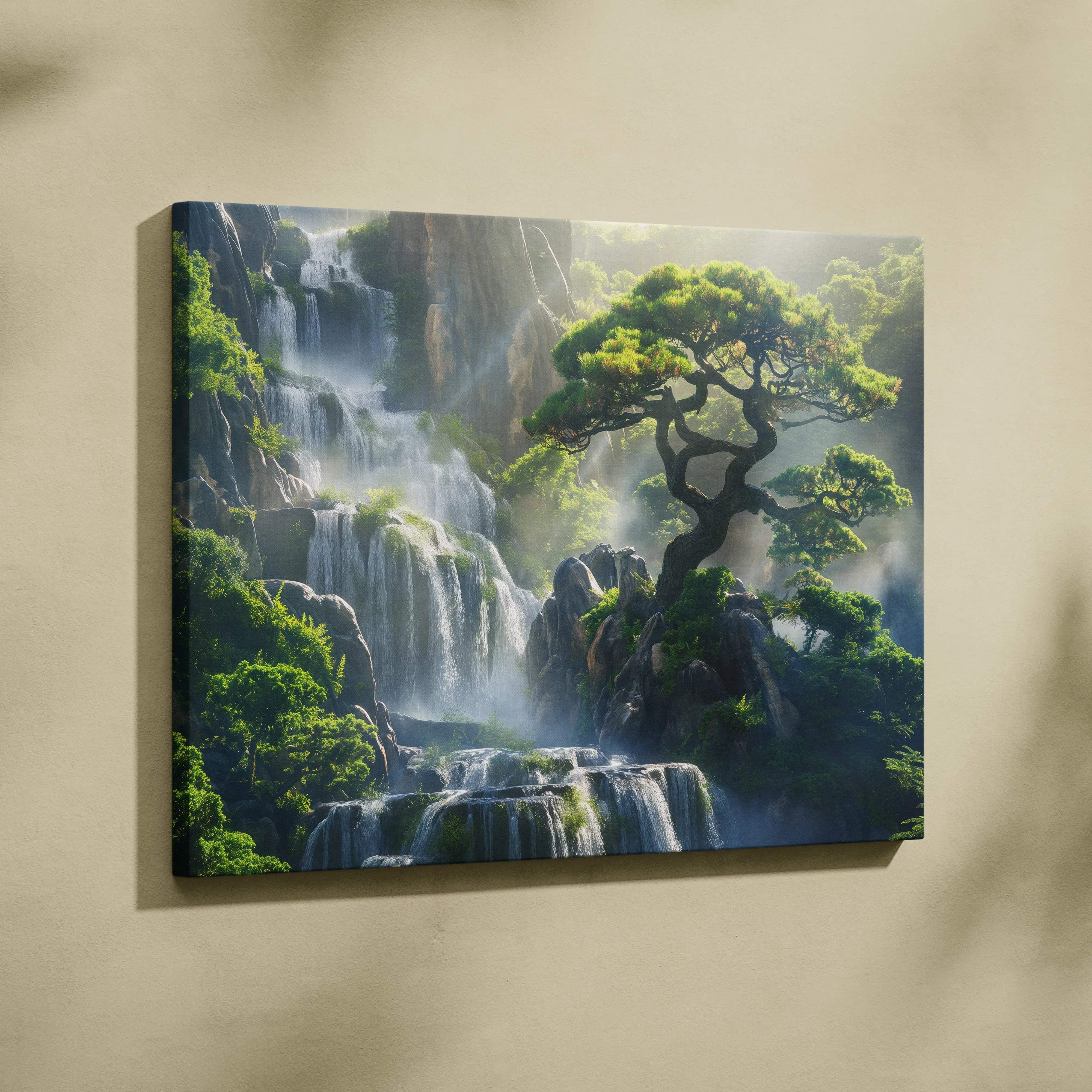 A rectangular canvas wall art featuring a serene green waterfall landscape with a windswept tree and misty cascade