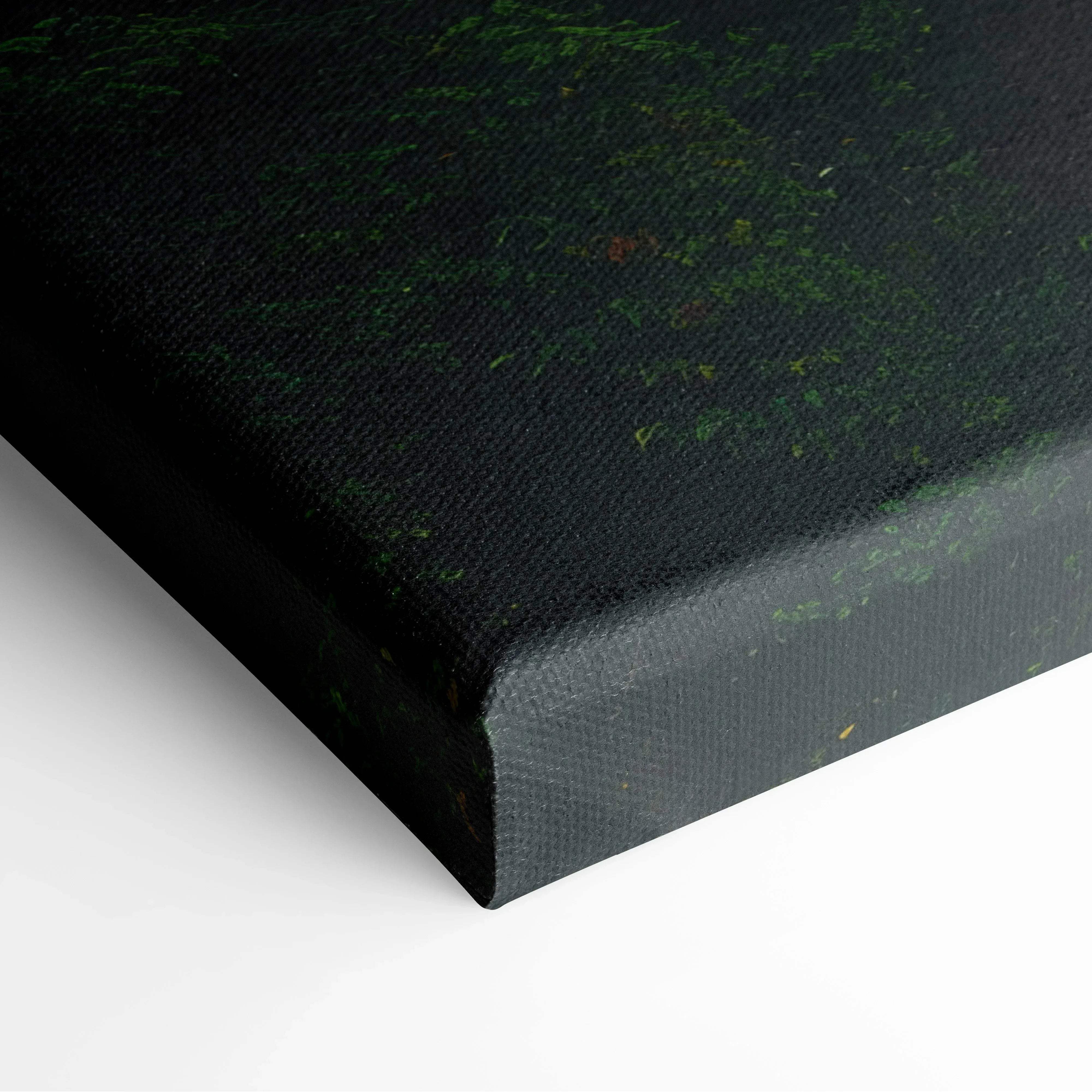 Black canvas wall art with textured surface featuring dark green foliage and sunlit waterfall in forest design