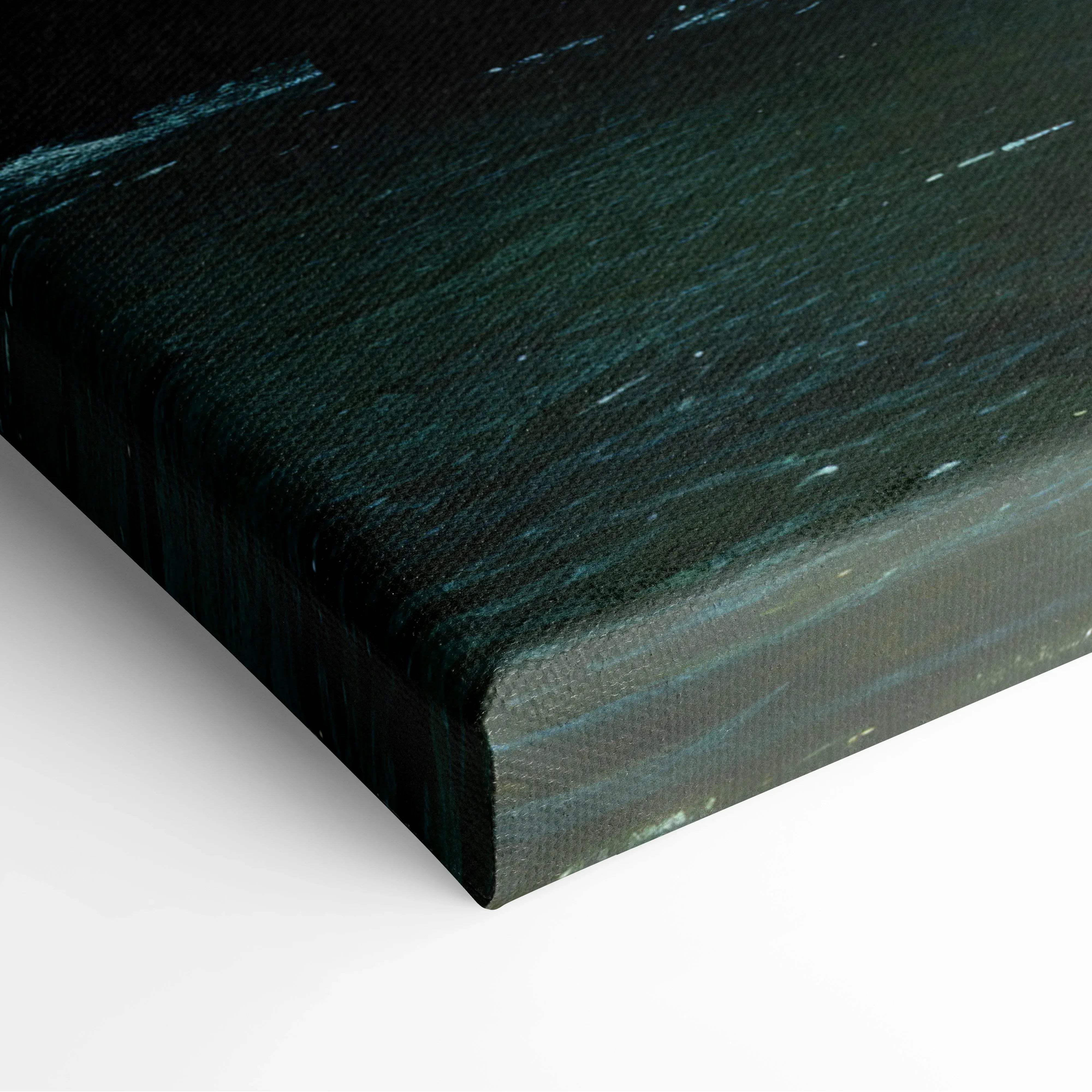 Dark teal canvas print with textured brushstroke surface in tranquil waterfall landscape lush forest wall art