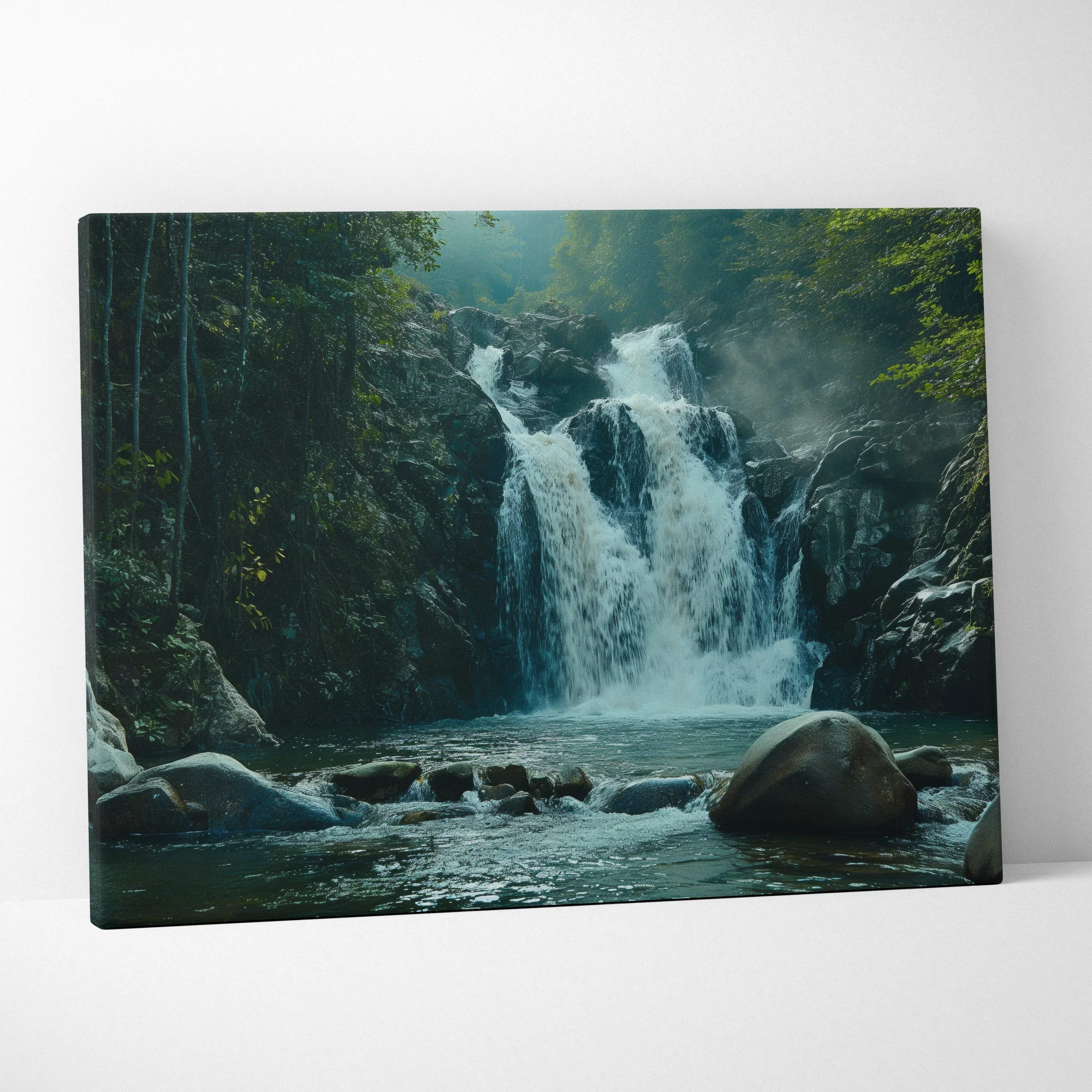 A framed canvas print of a tranquil waterfall with lush greenery and misty rocks in natural tones wall art