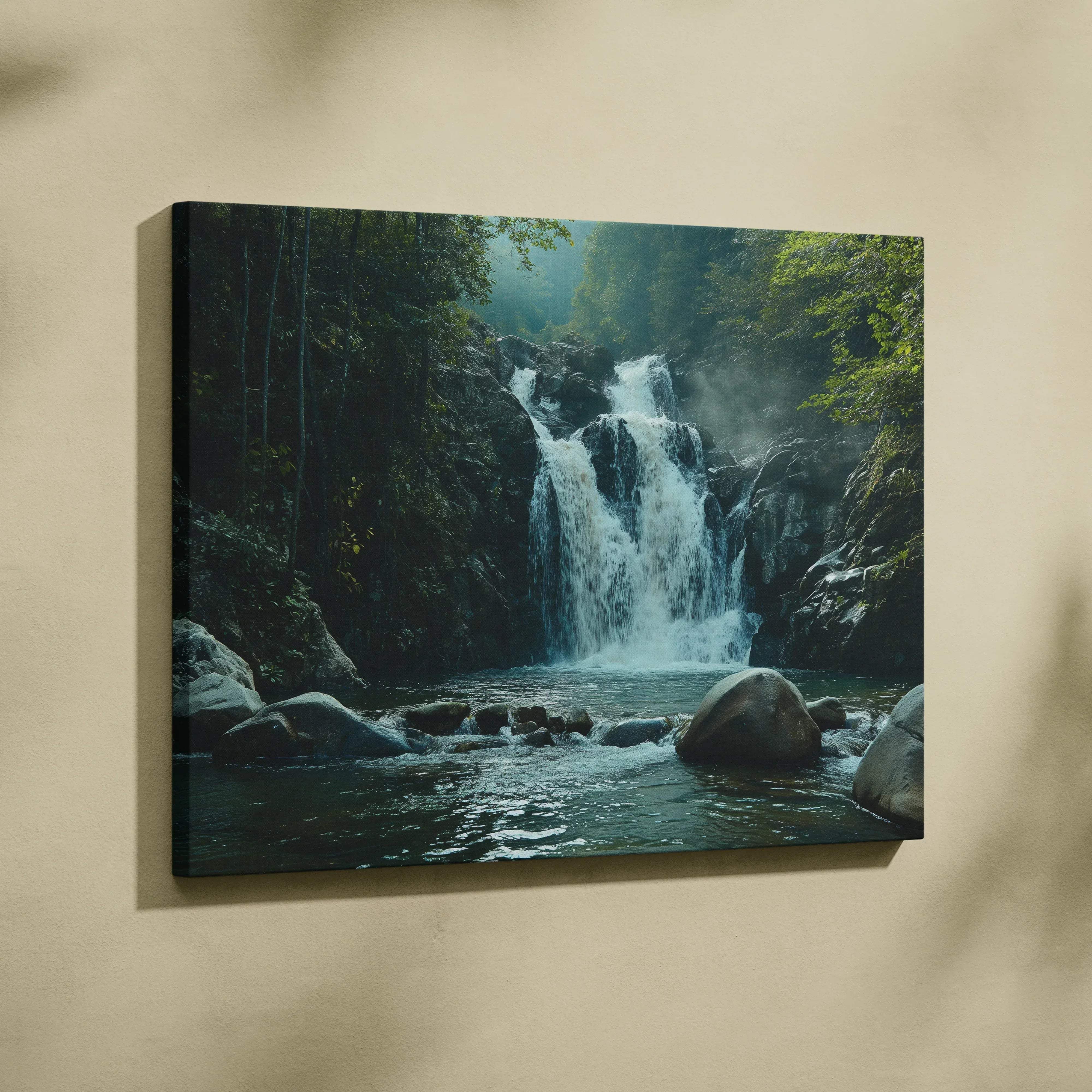 Rectangular canvas print of a misty forest waterfall with lush green foliage and teal gray rocks in natural tones