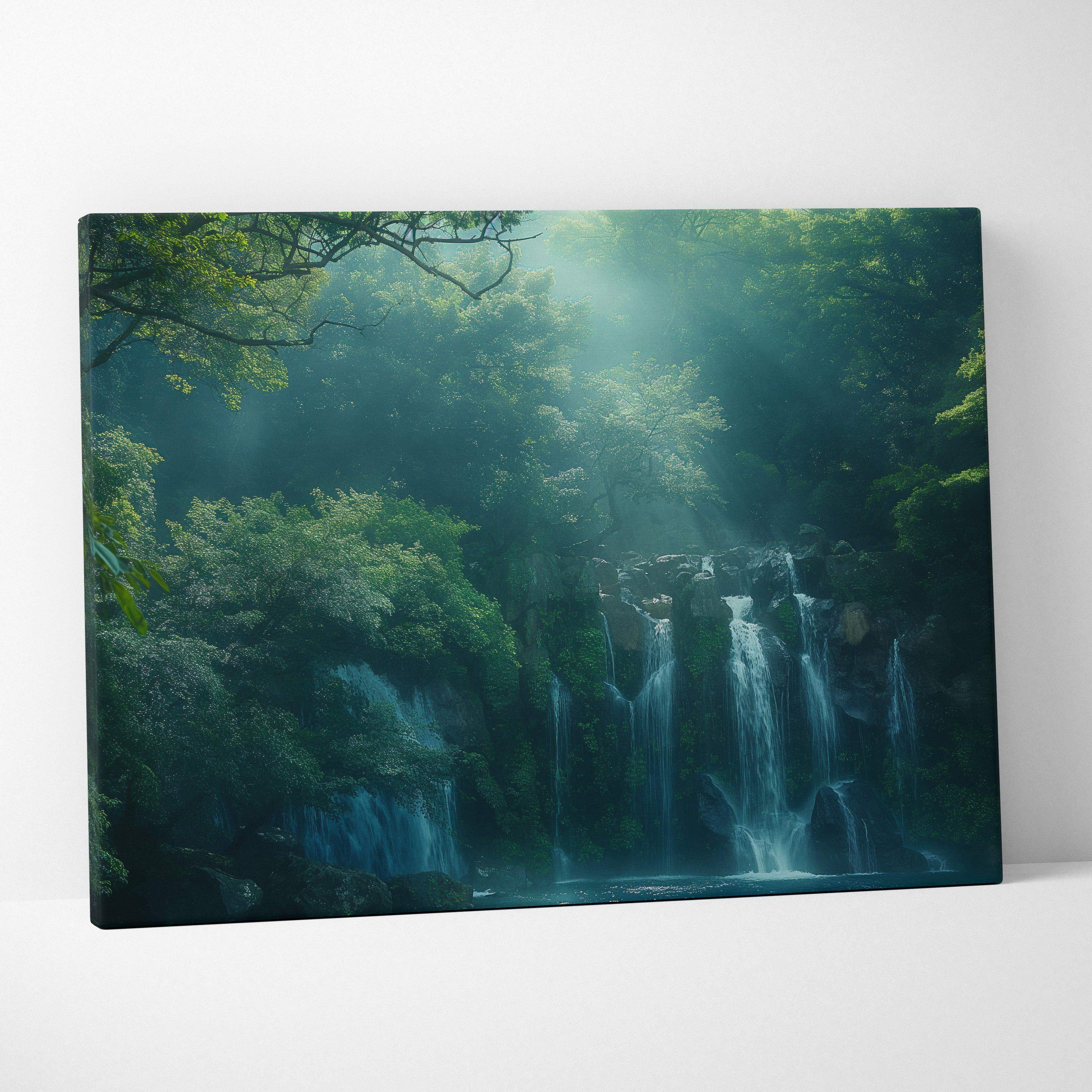 A rectangular canvas wall art featuring a misty waterfall with lush green foliage and sunbeams through mossy rocks