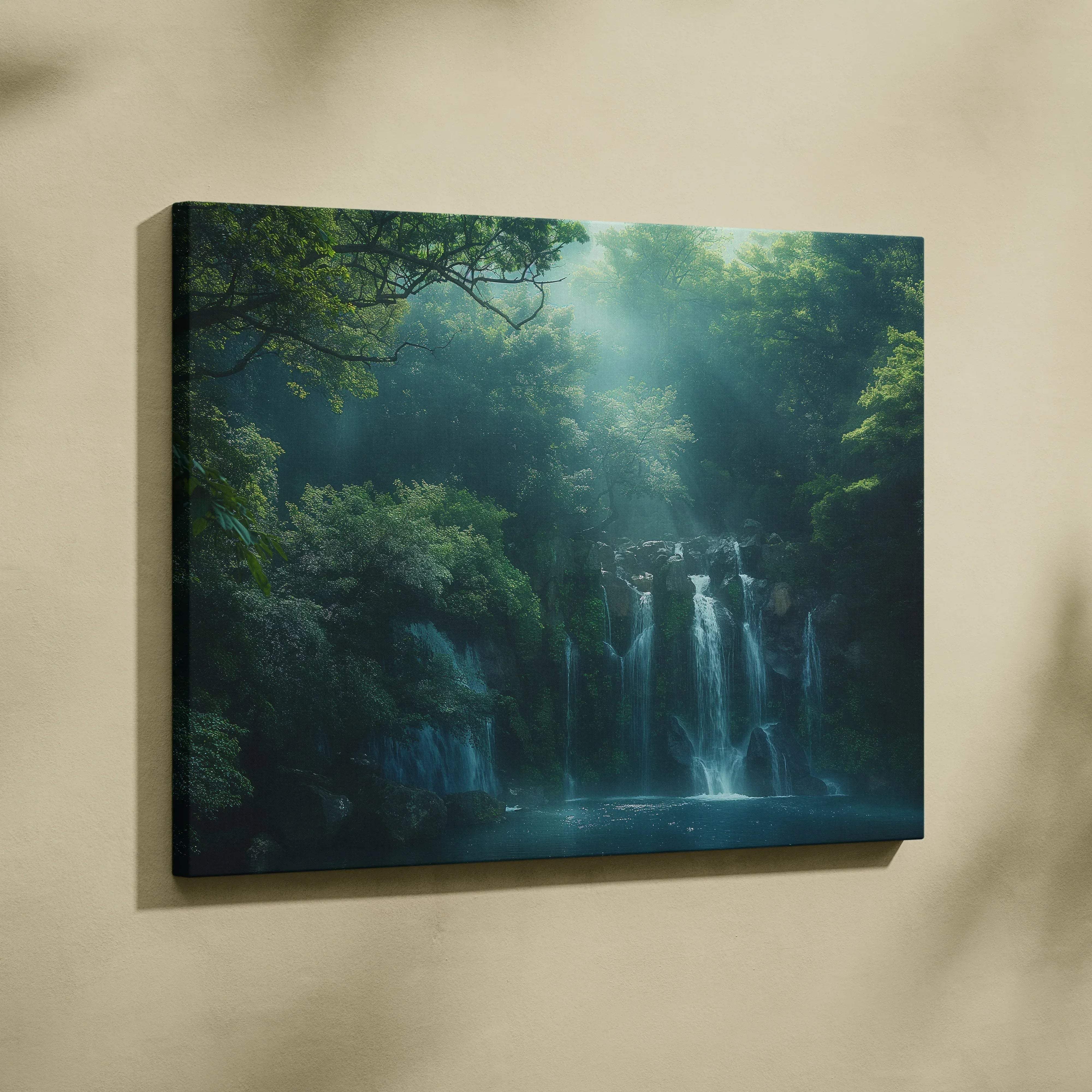 A rectangular canvas print of a lush misty jungle waterfall with deep greens and cool blues for serene wall art