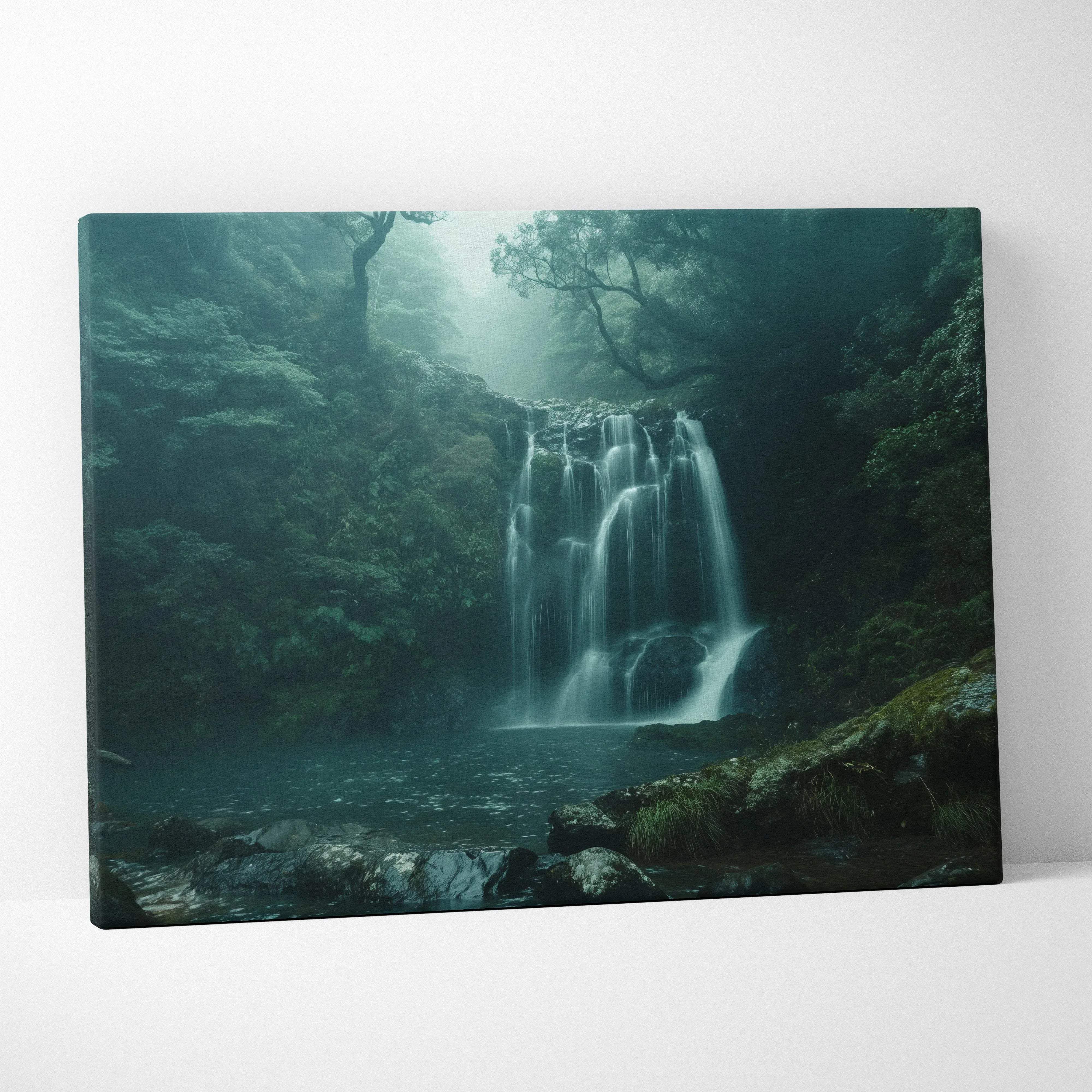 A rectangular canvas print featuring a misty teal waterfall cascading through dense green forest wall art
