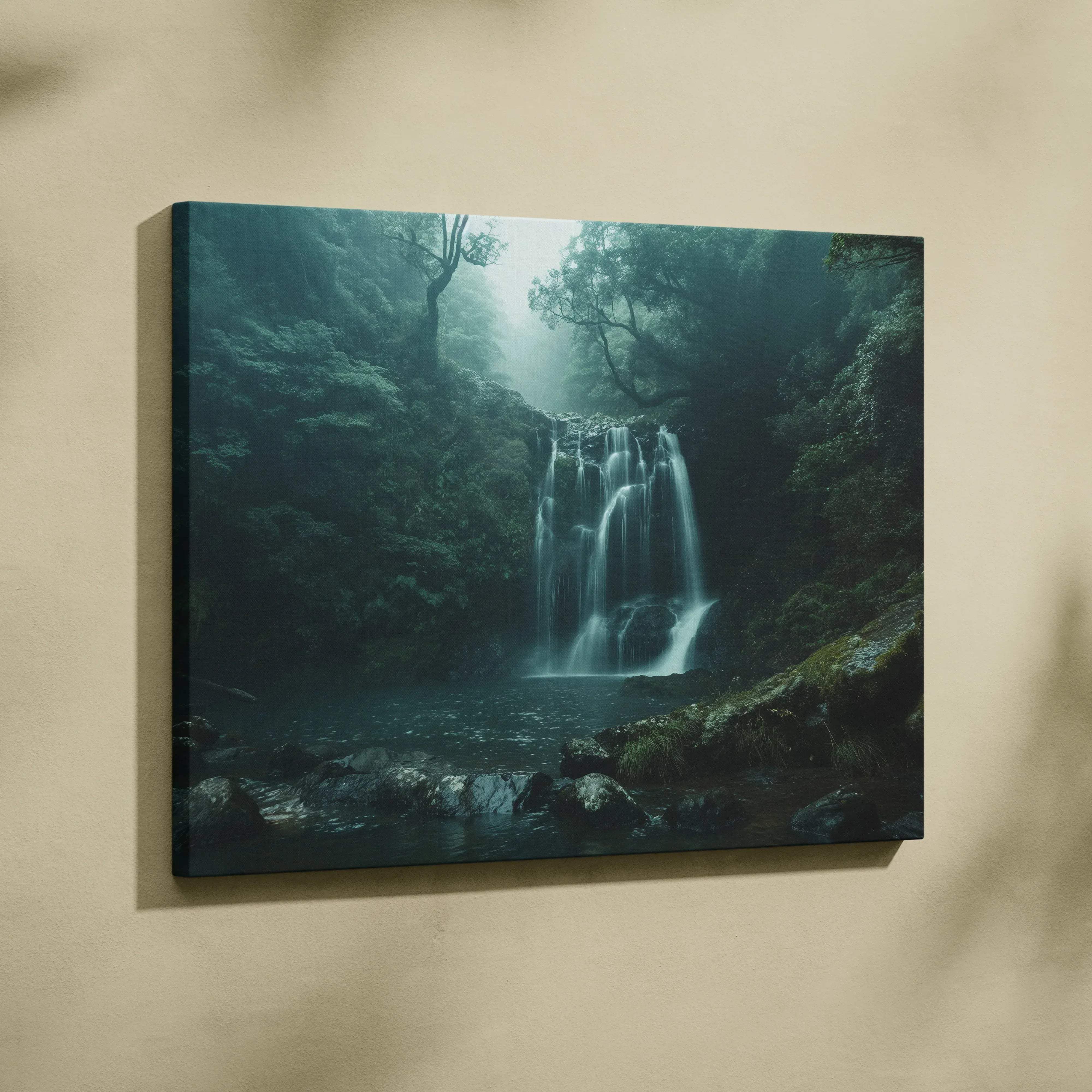 Rectangular canvas print of a misty dark green forest waterfall with cascading water and moss-covered rocks wall art