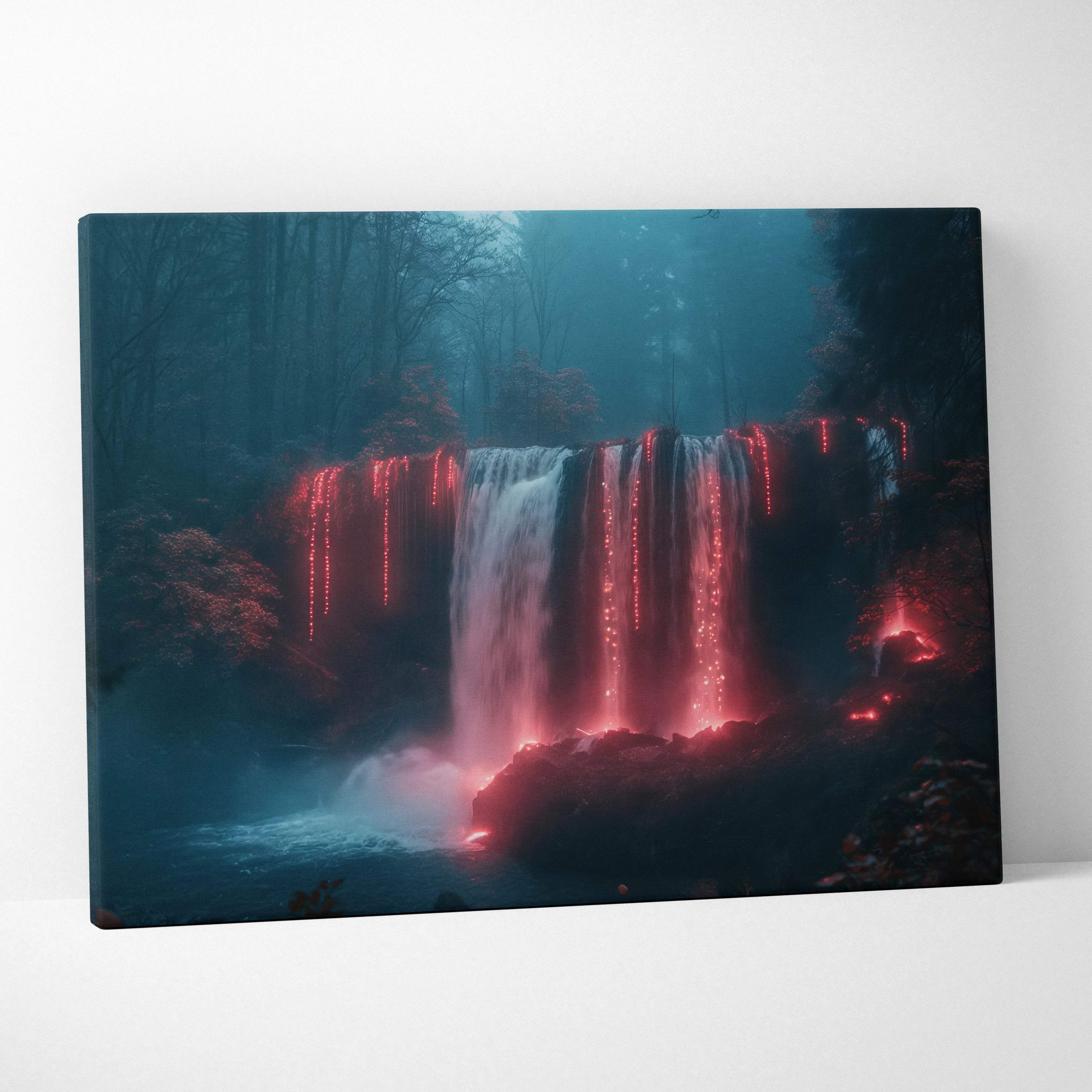Rectangular canvas wall art featuring a mystical waterfall with glowing red lights in a dark misty forest at night