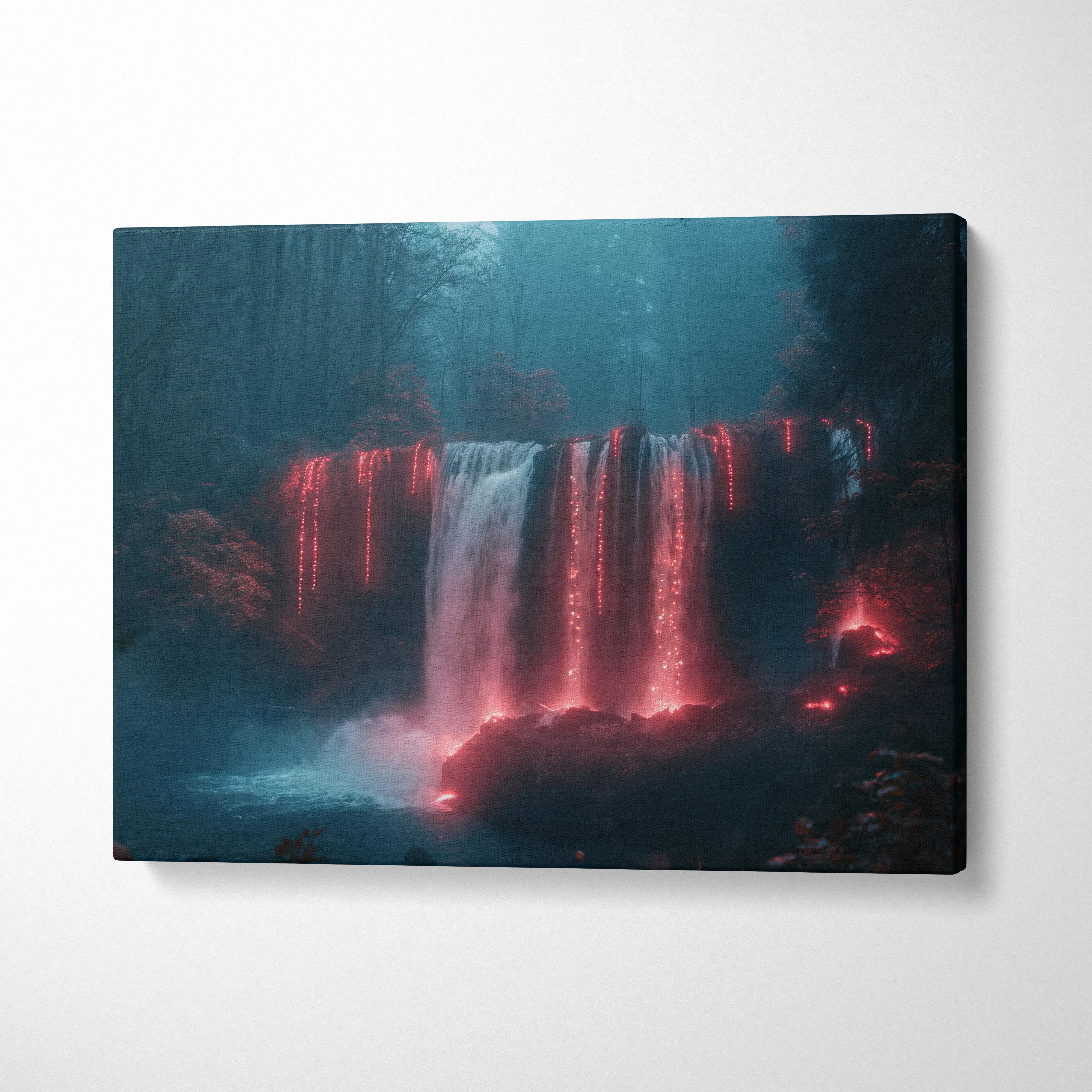 Canvas wall art featuring glowing red lights illuminating a misty waterfall in a dark forest decor scene.