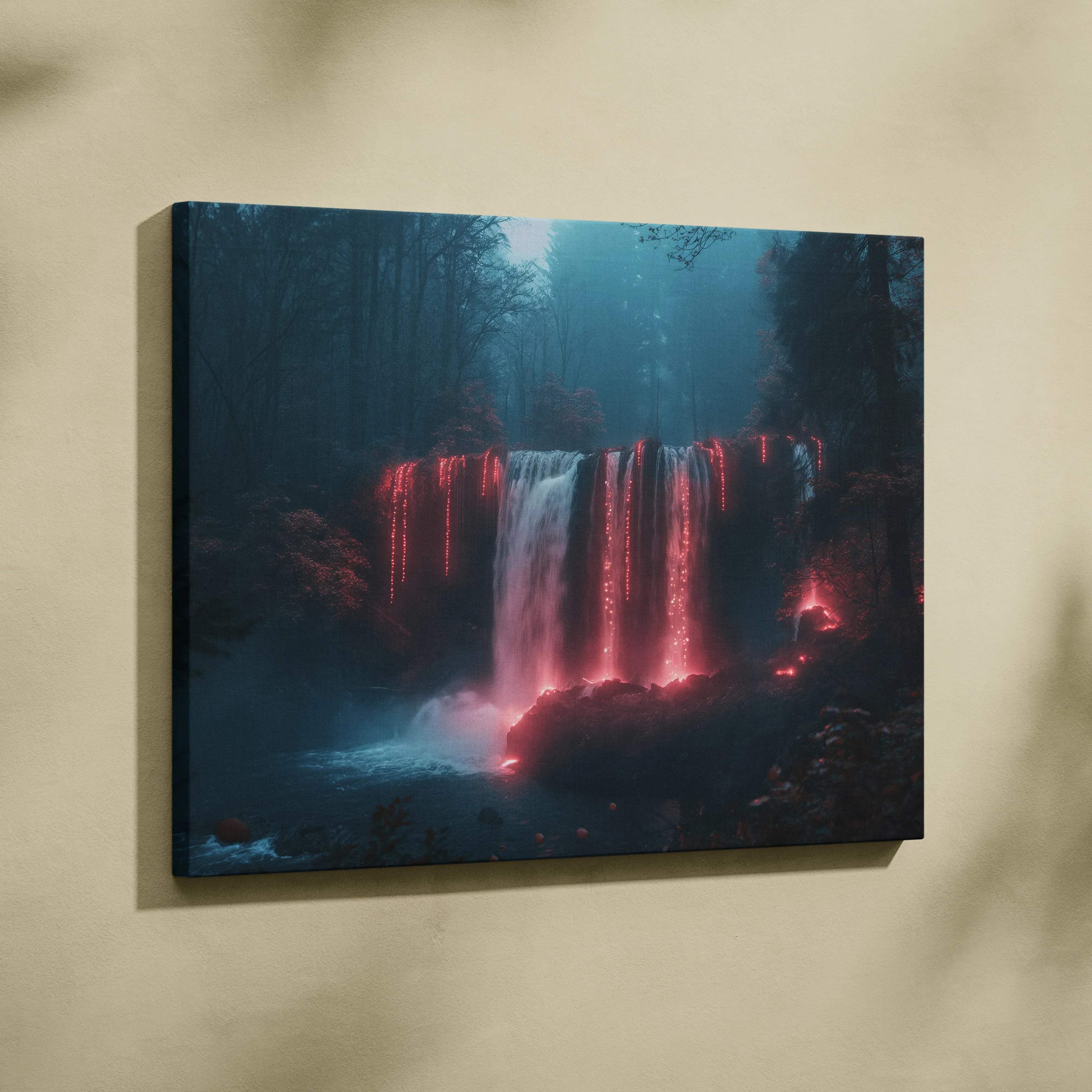 A rectangular canvas print of a mystical waterfall with glowing red lights in a dark misty forest at night