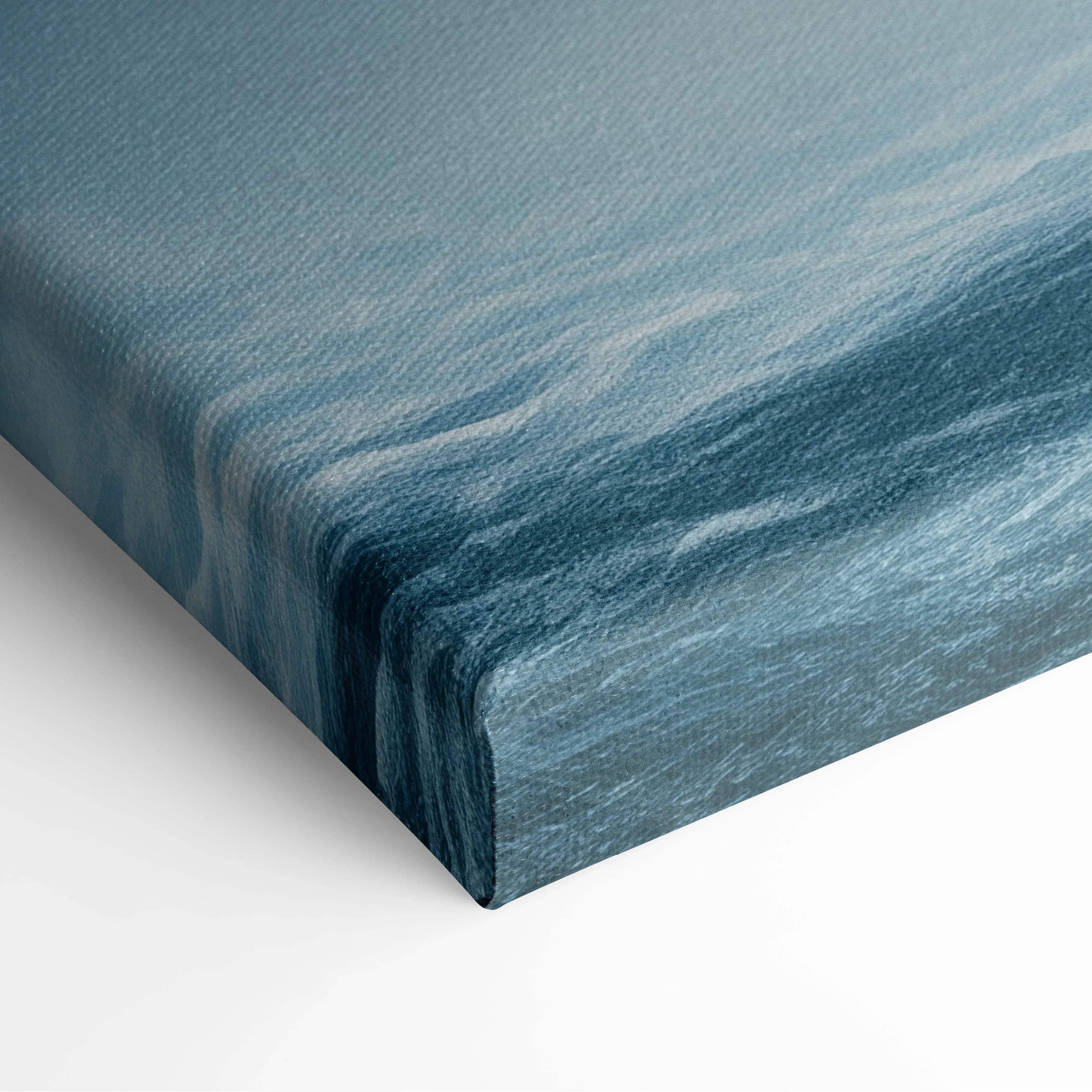 Calm nature landscape waterfall canvas wall art with blue textured fabric weave and subtle gradient background