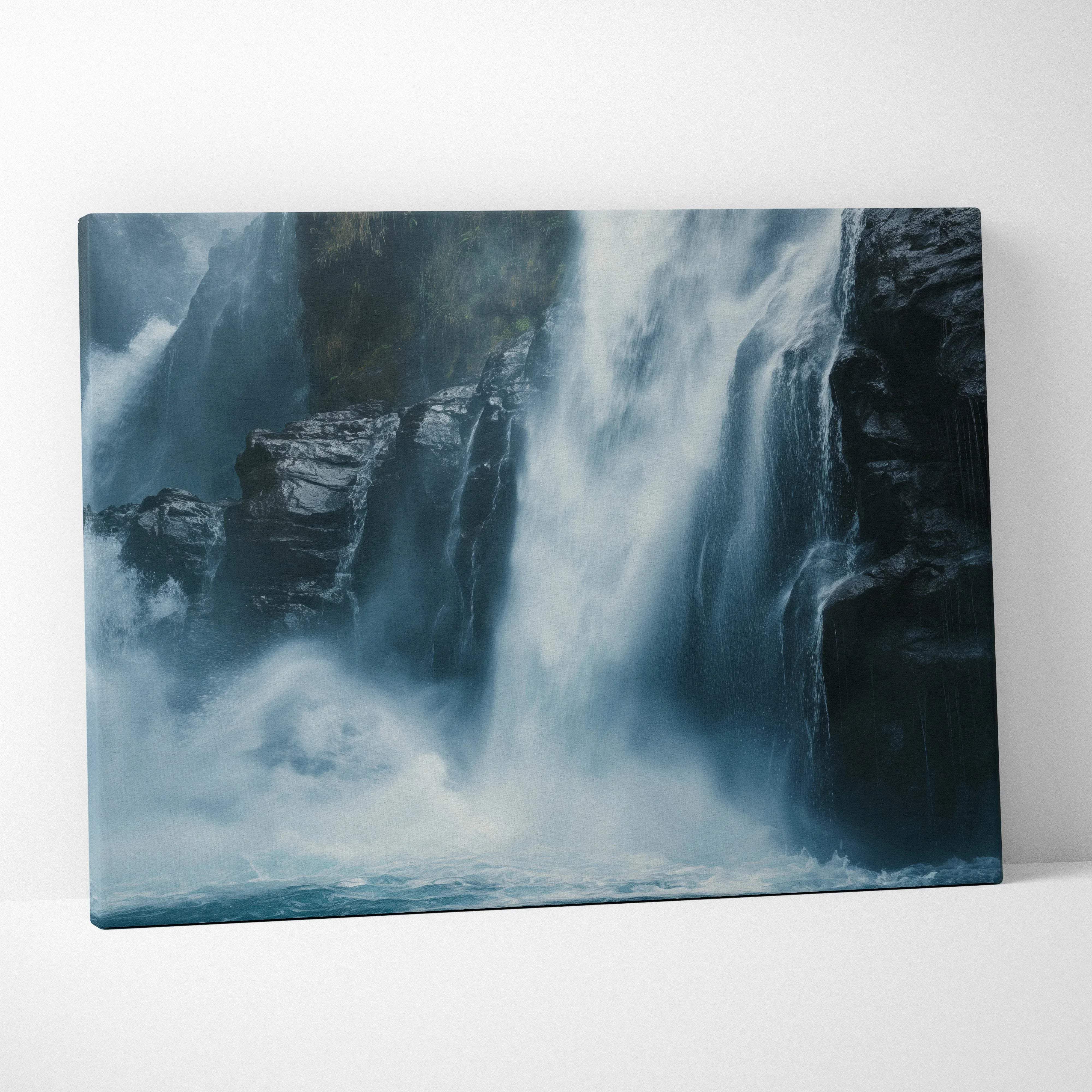 Calm nature landscape canvas wall art of a dramatic waterfall over dark rocky cliffs with mist in cool blue tones