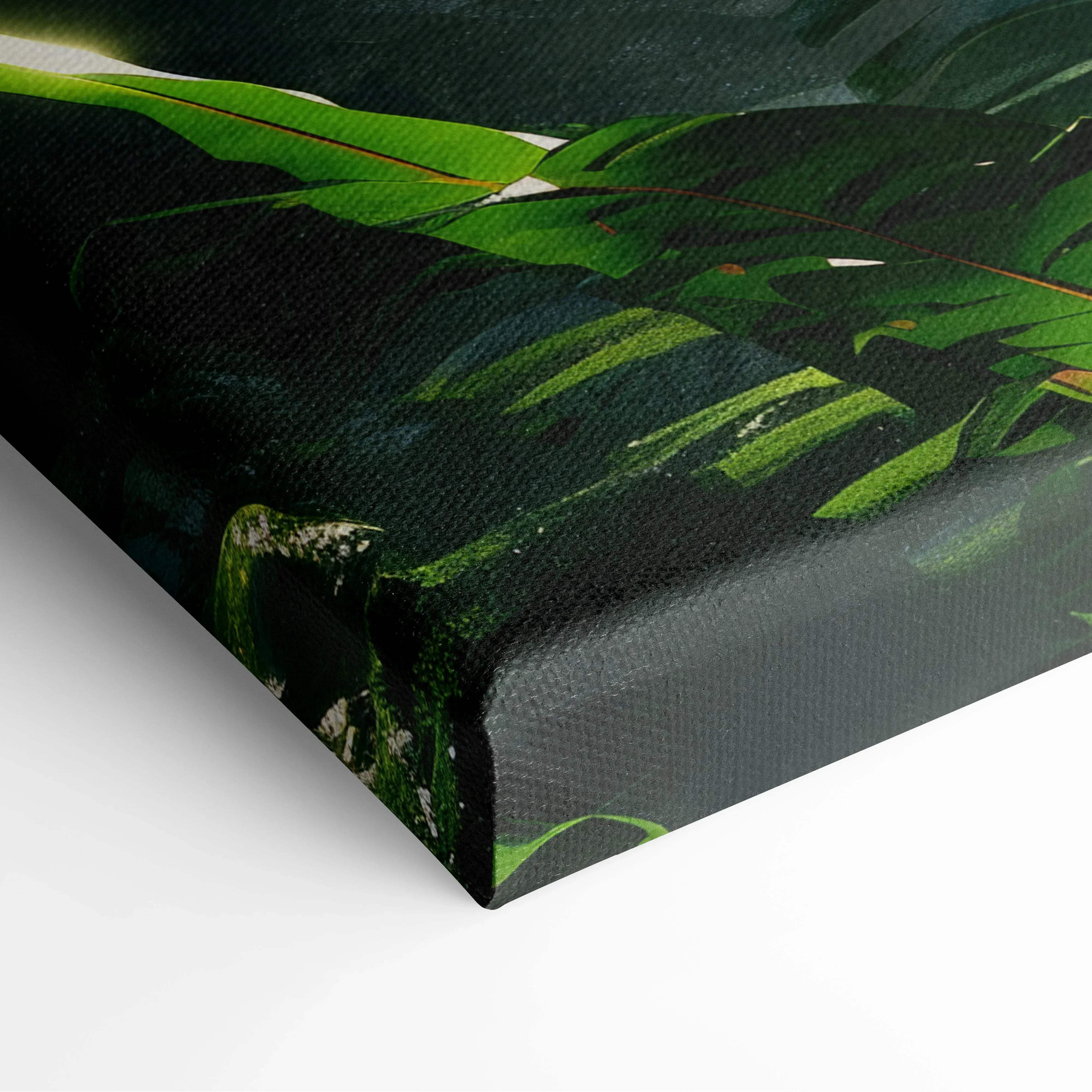 Canvas print featuring lush vibrant green tropical leaves on a deep black background for tranquil wall art decor
