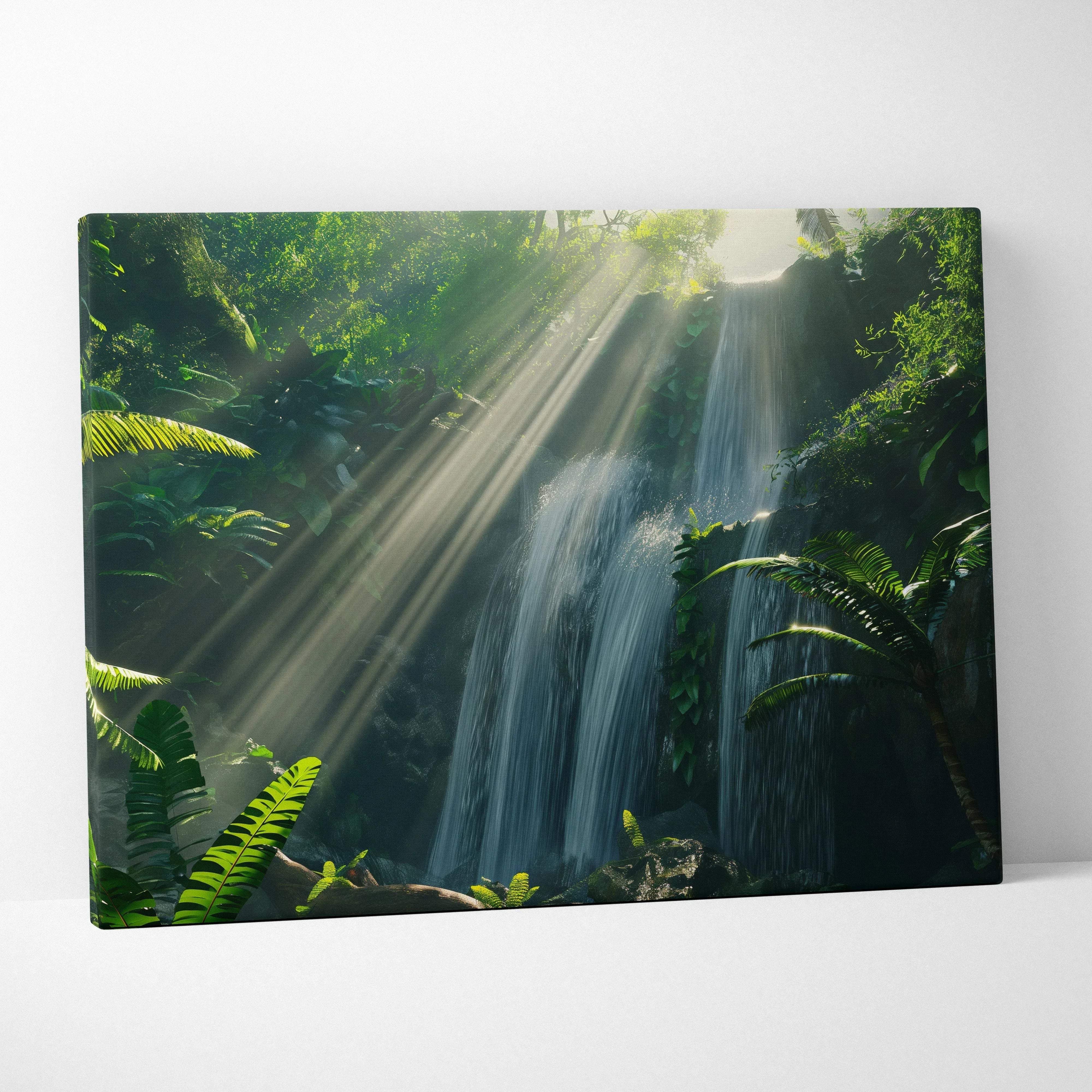 Rectangular canvas wall art featuring a lush tropical jungle waterfall with sunbeams through green foliage