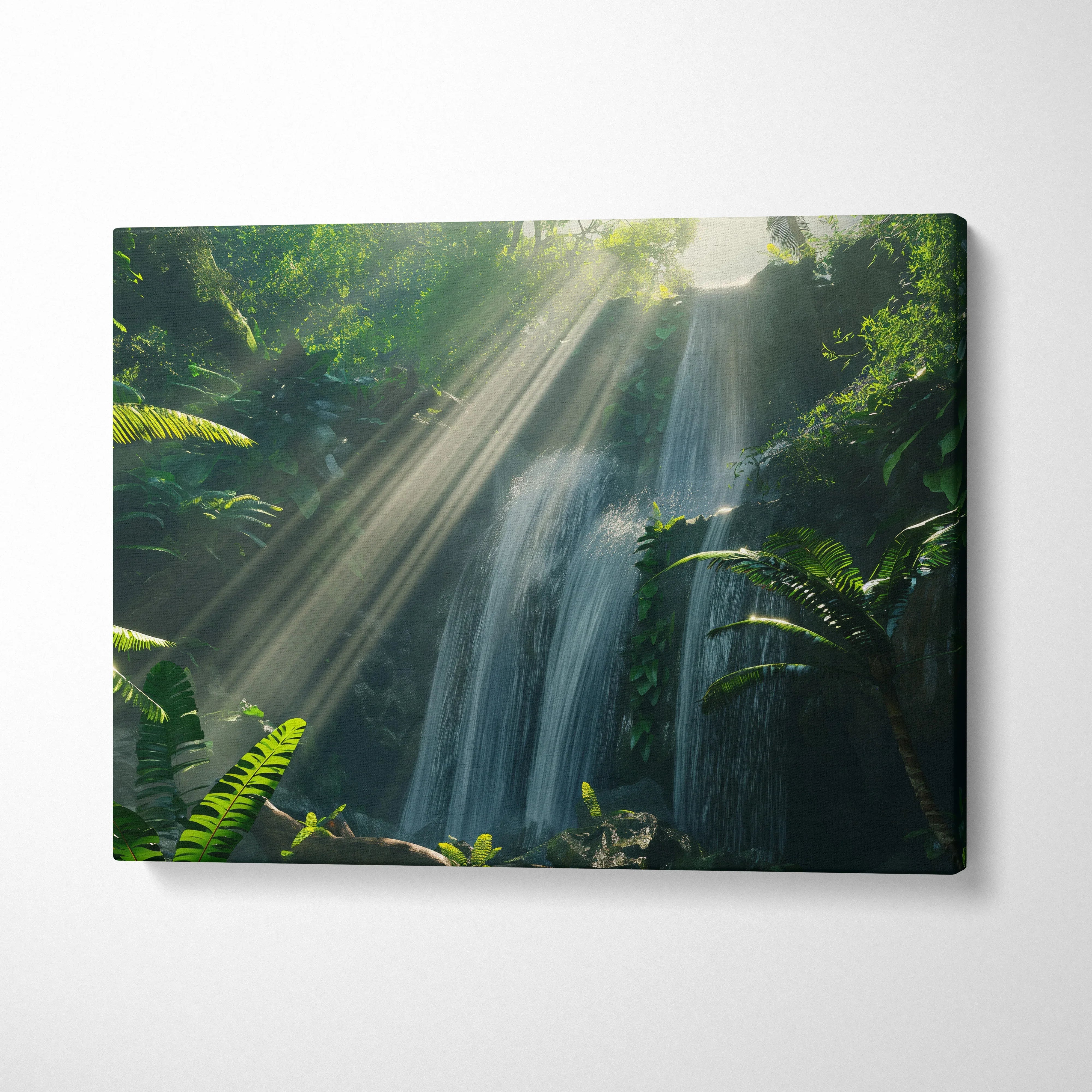 Tropical forest waterfall with sun beams canvas wall art featuring lush green foliage and cascading water decor.