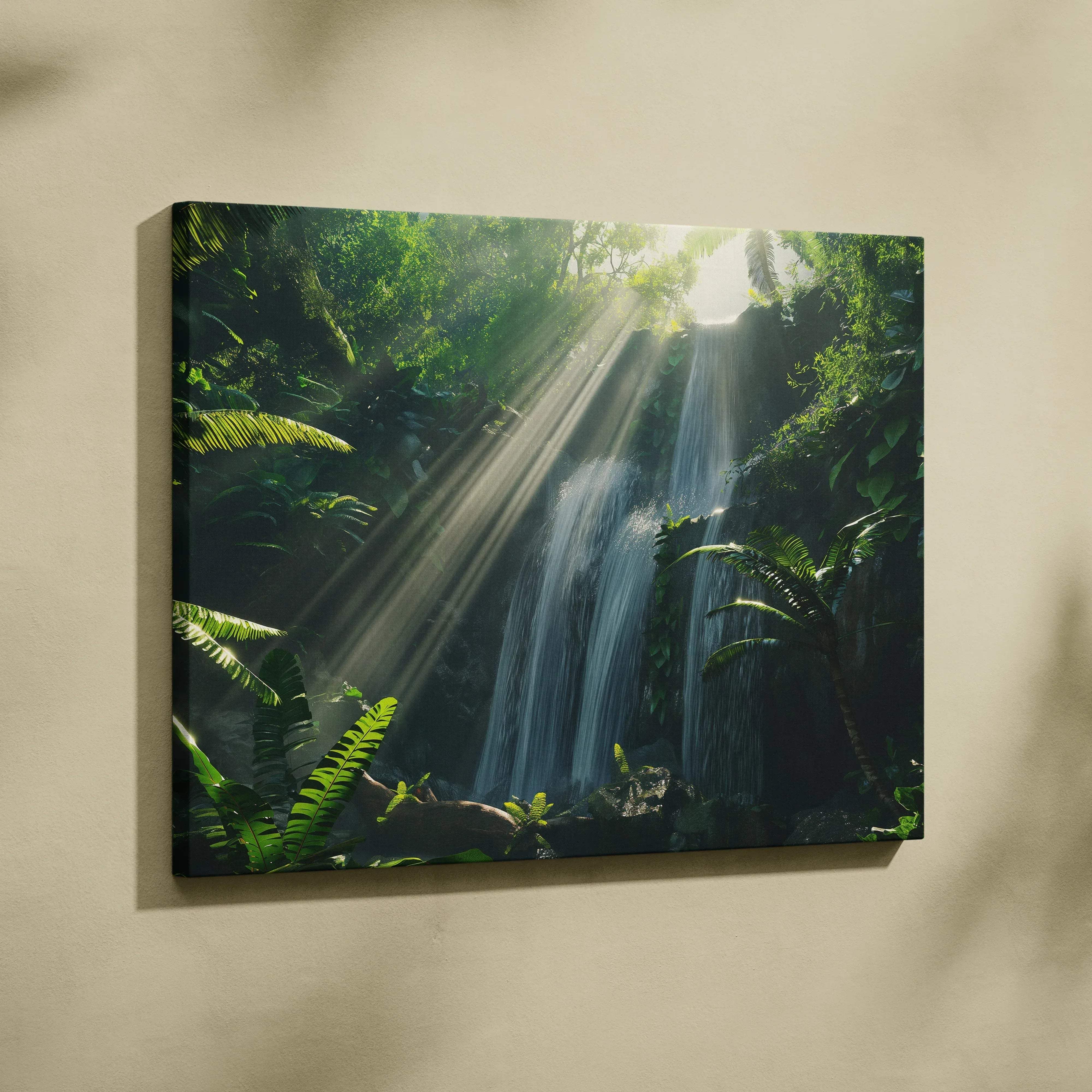 A rectangular canvas wall art of a lush tropical jungle waterfall with sunbeams and green foliage for calm decor