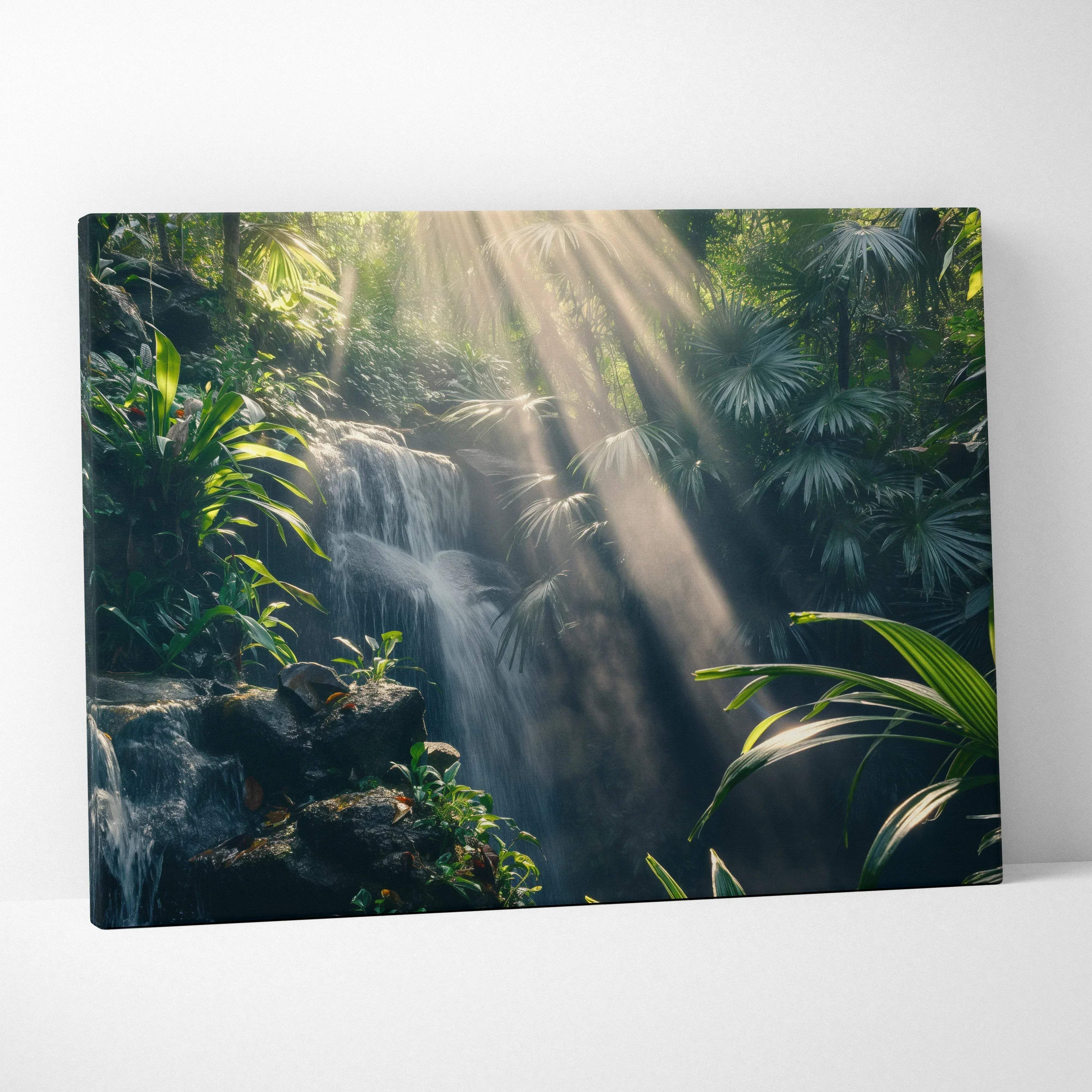 Rectangular canvas wall art featuring a lush green tropical waterfall rainforest with sunbeams creating a tranquil mood