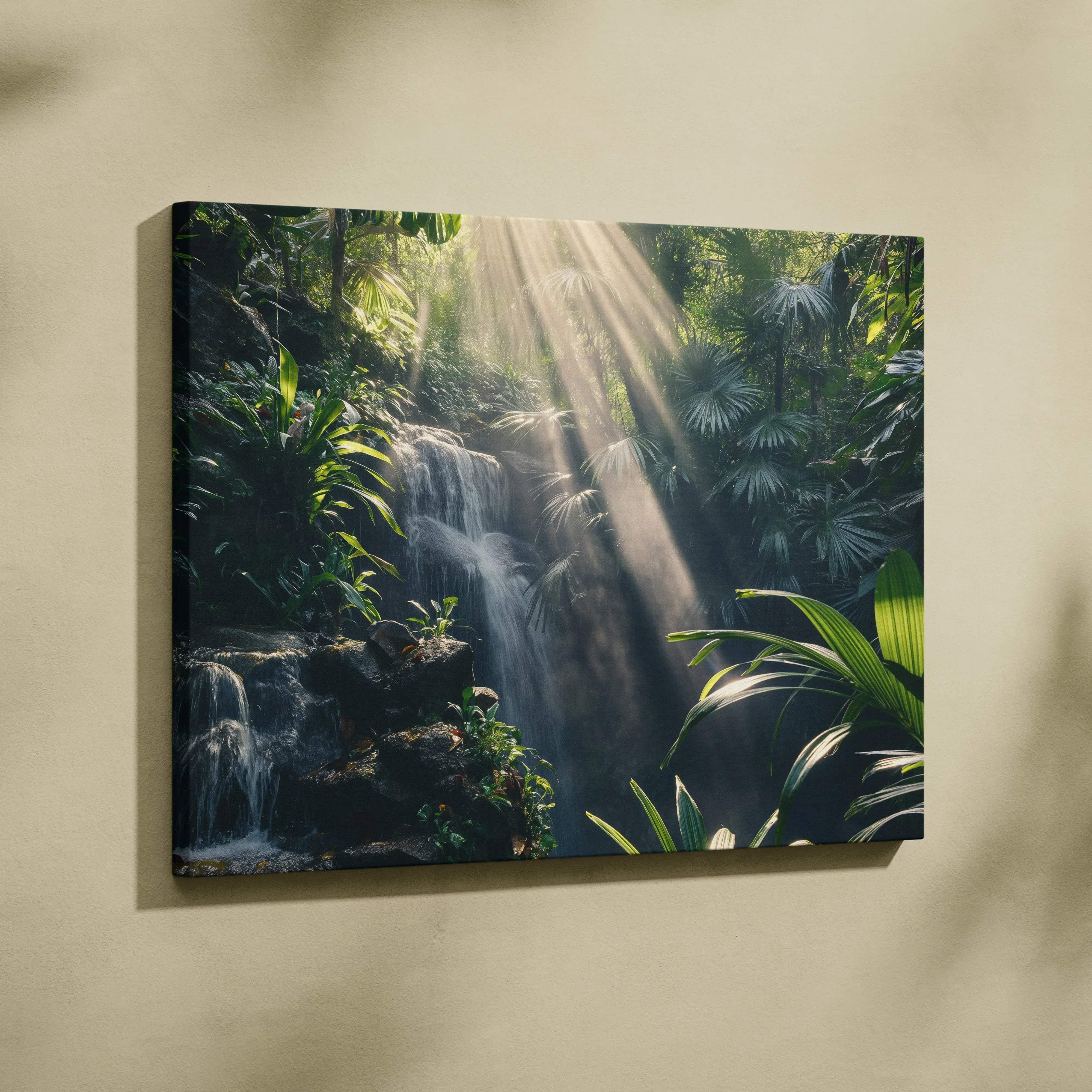 A rectangular canvas print of a tropical waterfall rainforest with sunlit green foliage for nature lovers