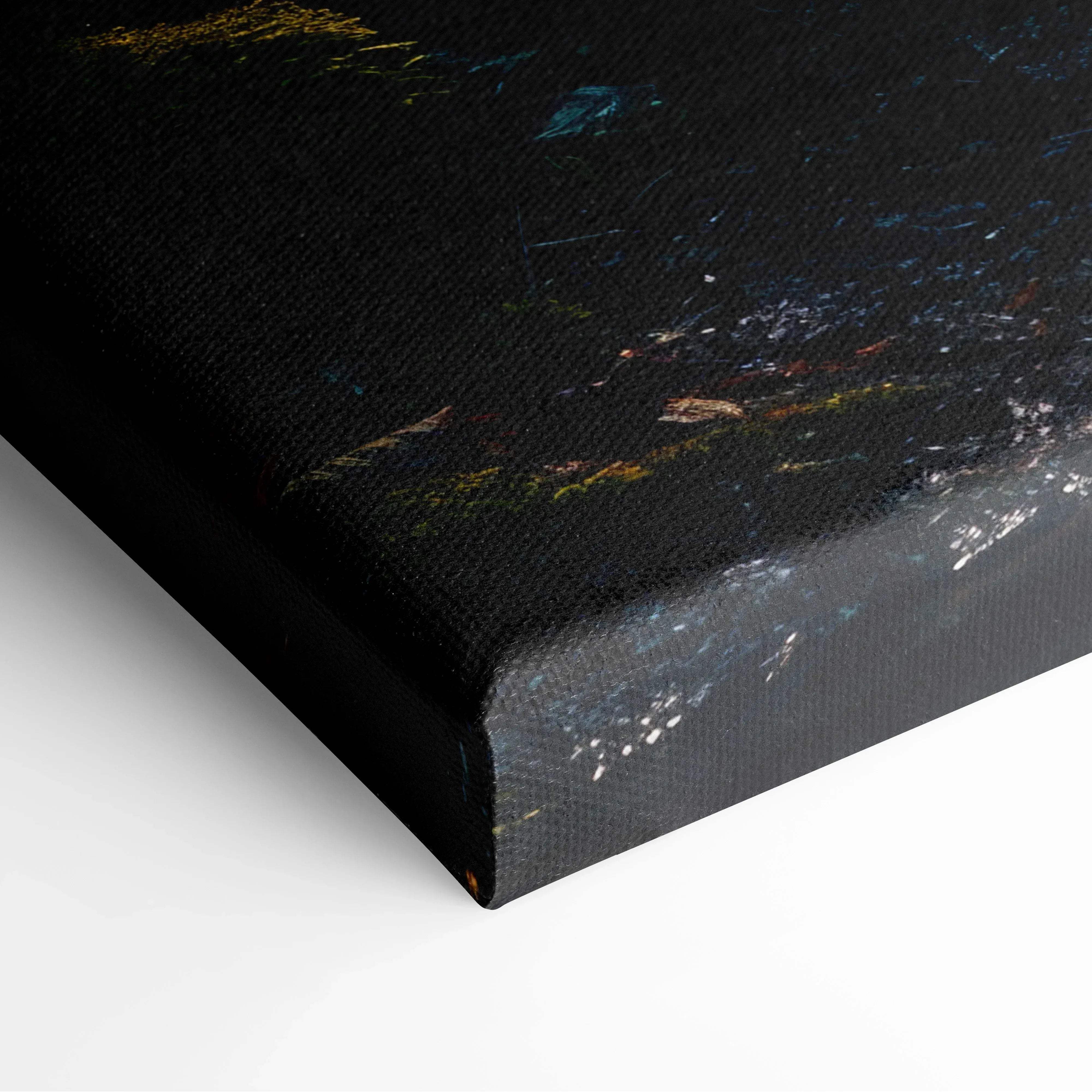 Black canvas print with abstract blue yellow and white splashes for tranquil tropical forest waterfall wall art