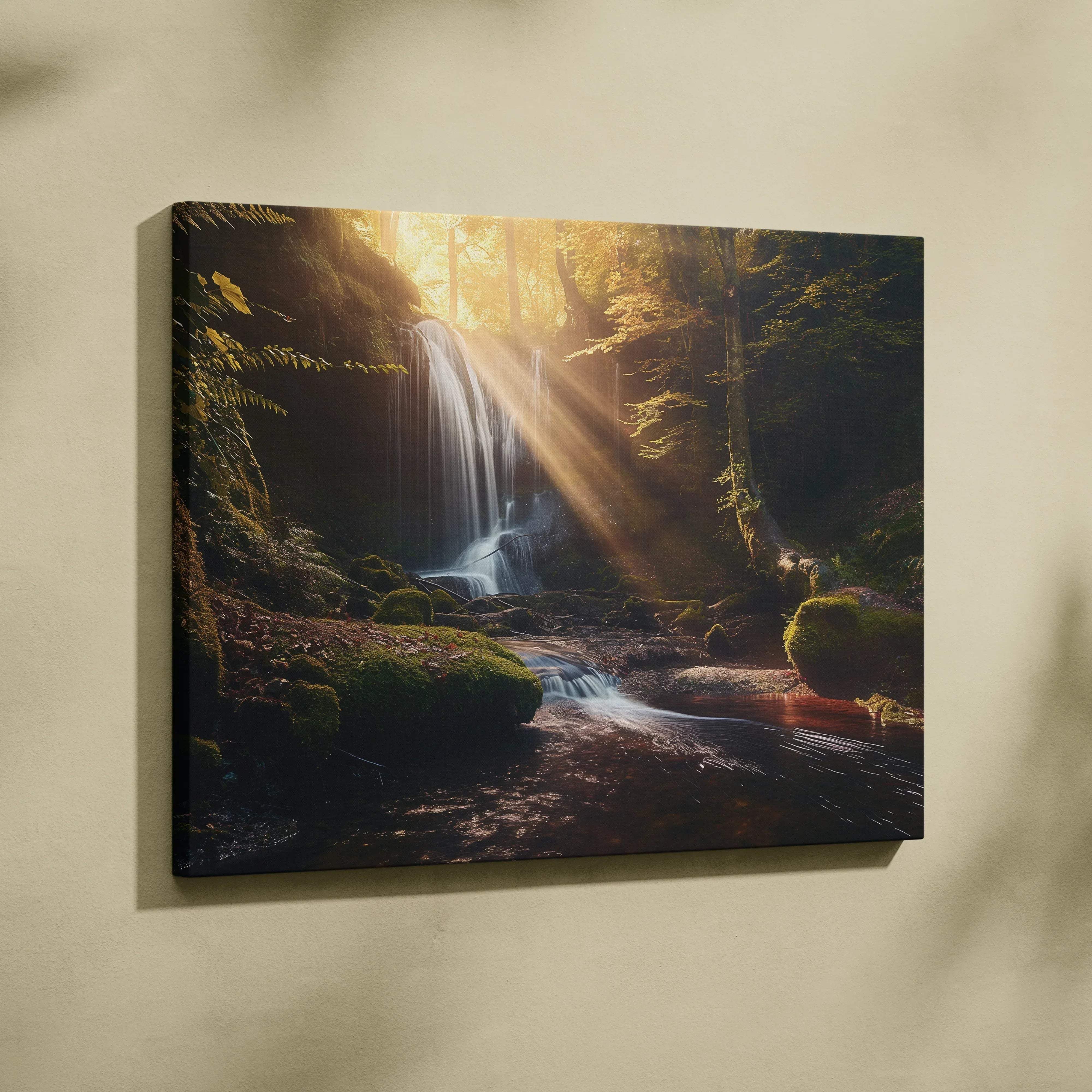 A framed canvas print of a tranquil tropical forest waterfall with golden sunbeams mossy rocks and lush greenery