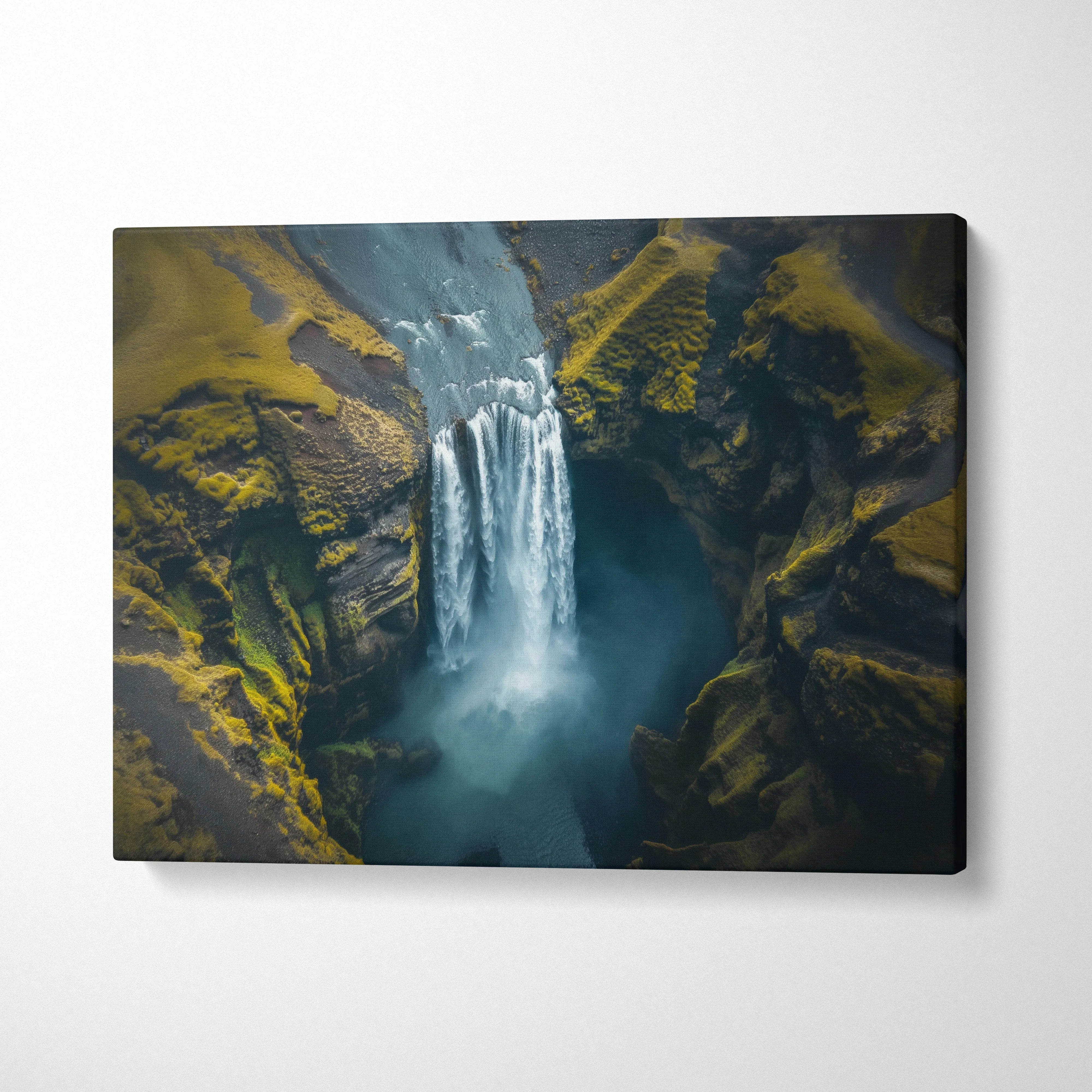 Iceland waterfall nature scene canvas wall art with vibrant green moss and flowing water decor.