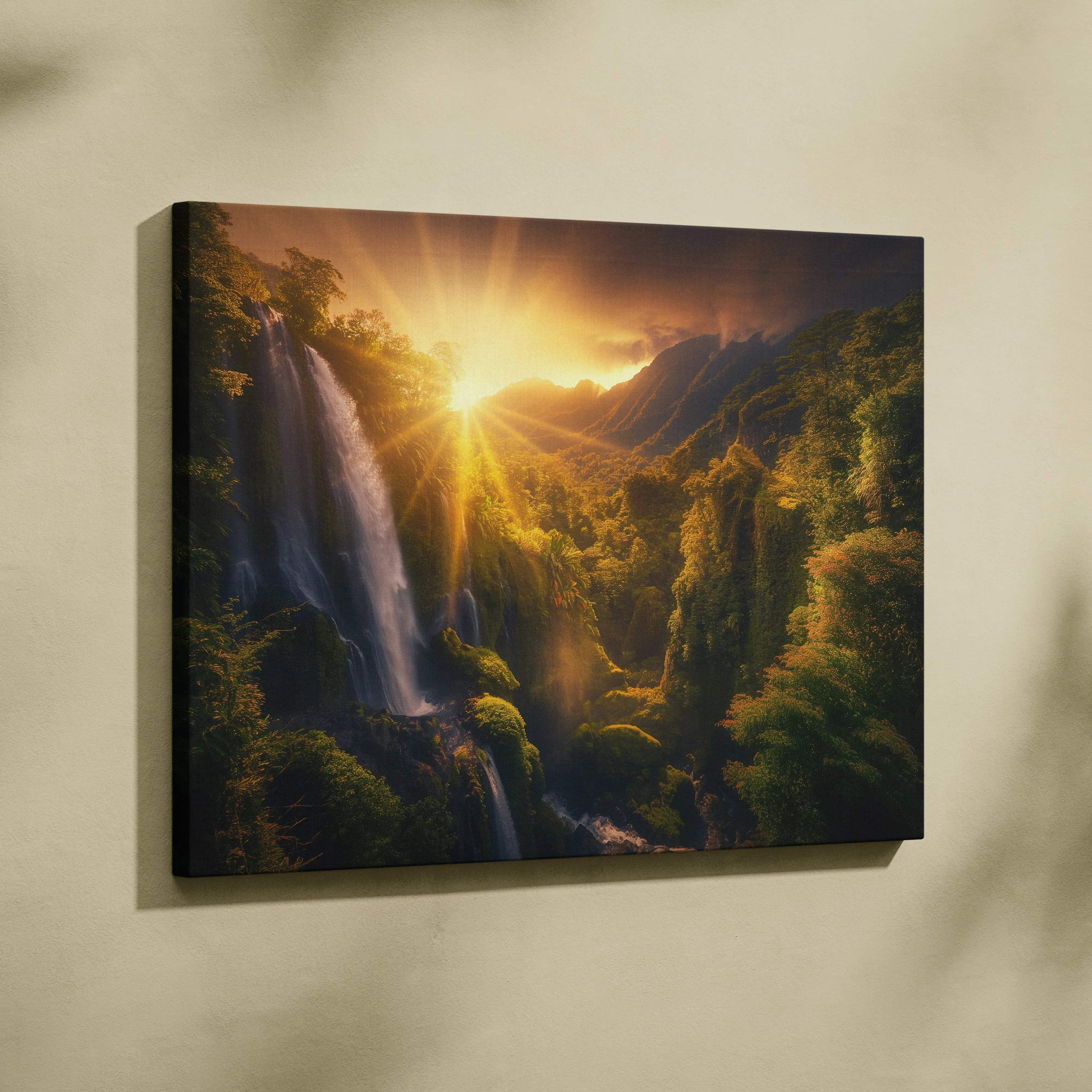 Canvas wall art featuring a serene tropical landscape waterfall with golden hour light in lush green mountains at sunset