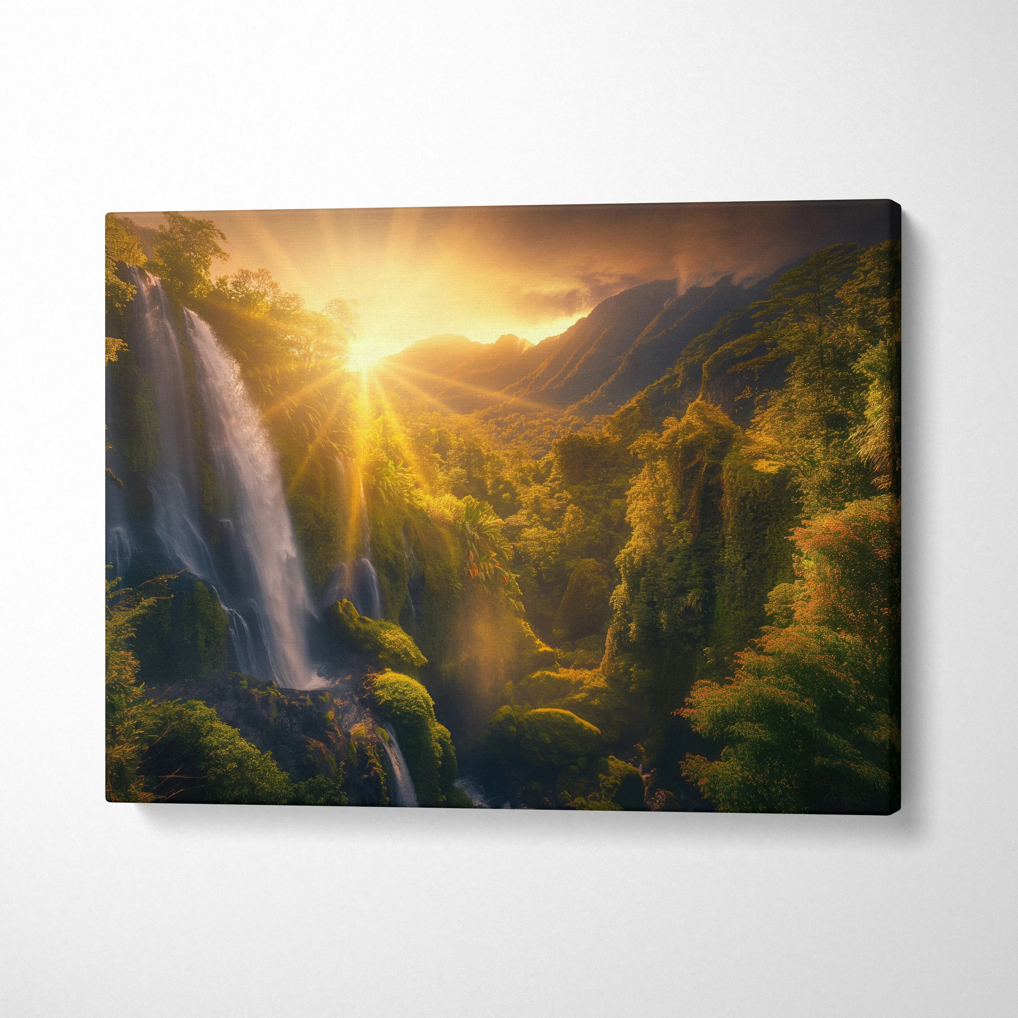Sunset waterfall in lush tropical forest canvas wall art with golden light decor.