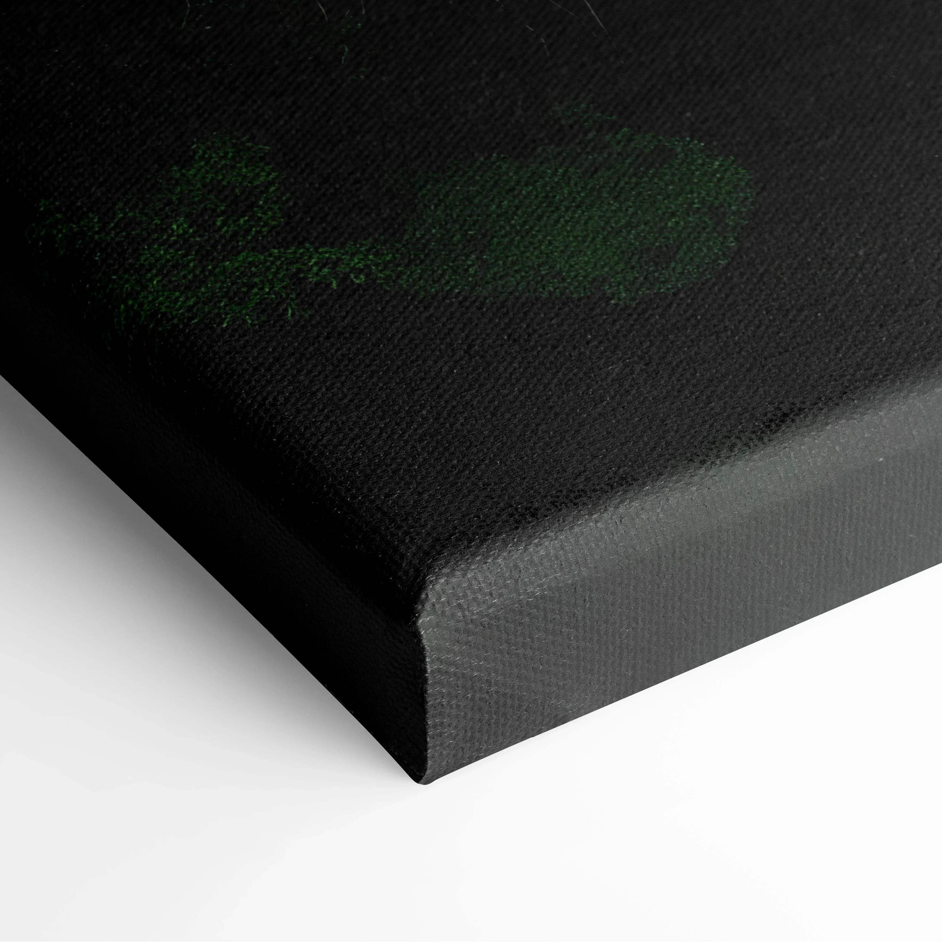 Black canvas print with textured surface and subtle green brushstrokes depicting aerial view forest waterfall landscape