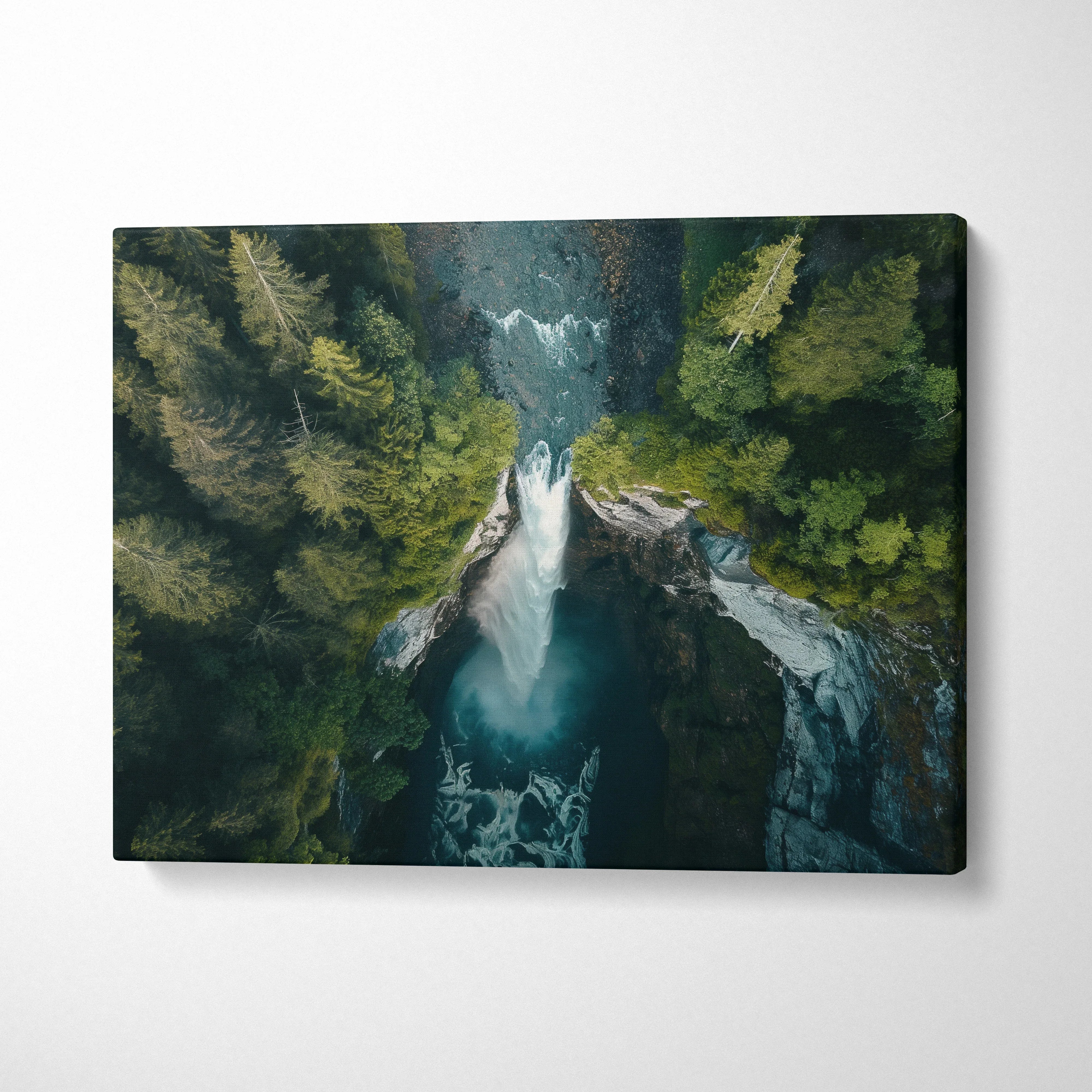 Waterfall forest landscape canvas wall art with lush green trees and flowing blue water decor.